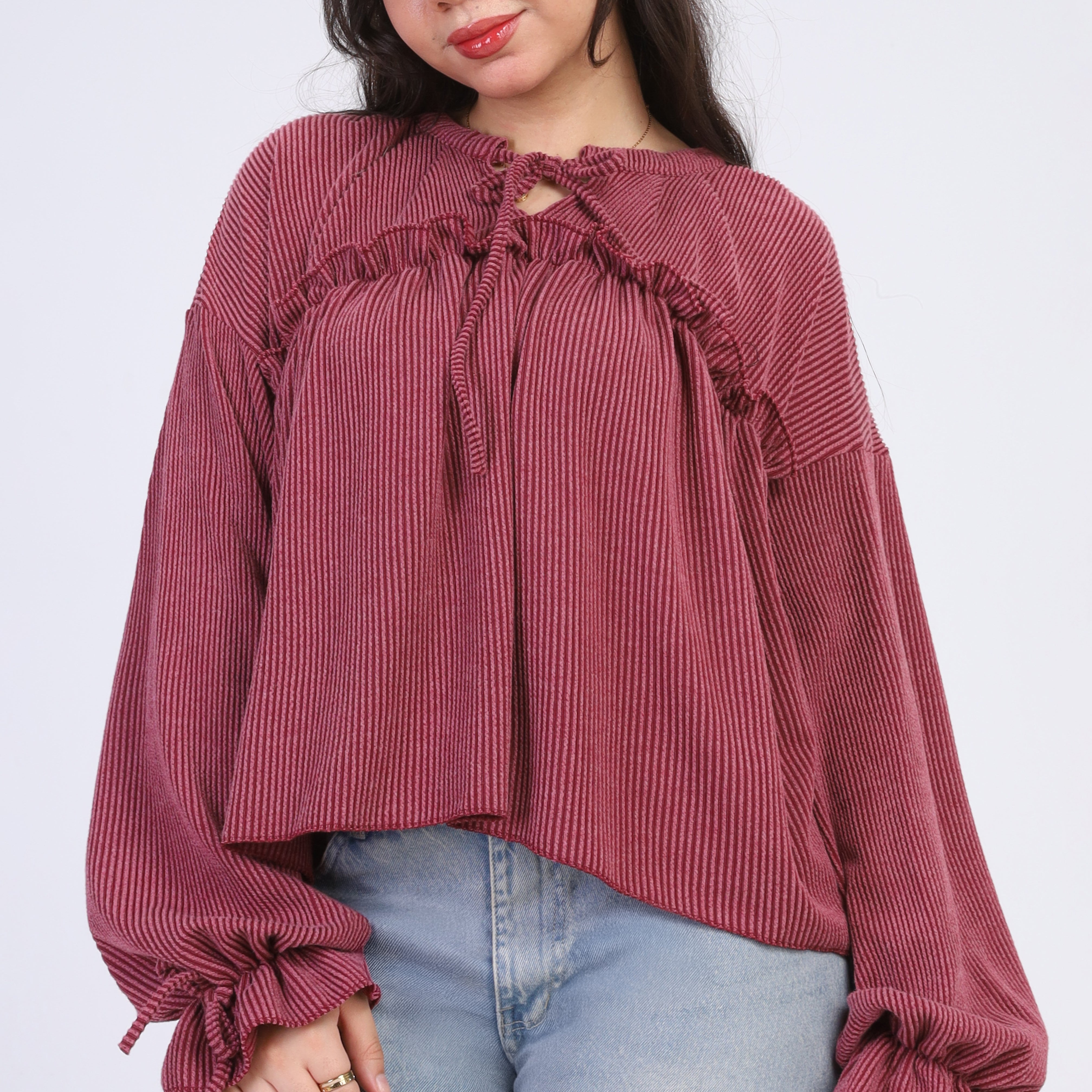 Ribbed Blouse with Ruffle Details w164794