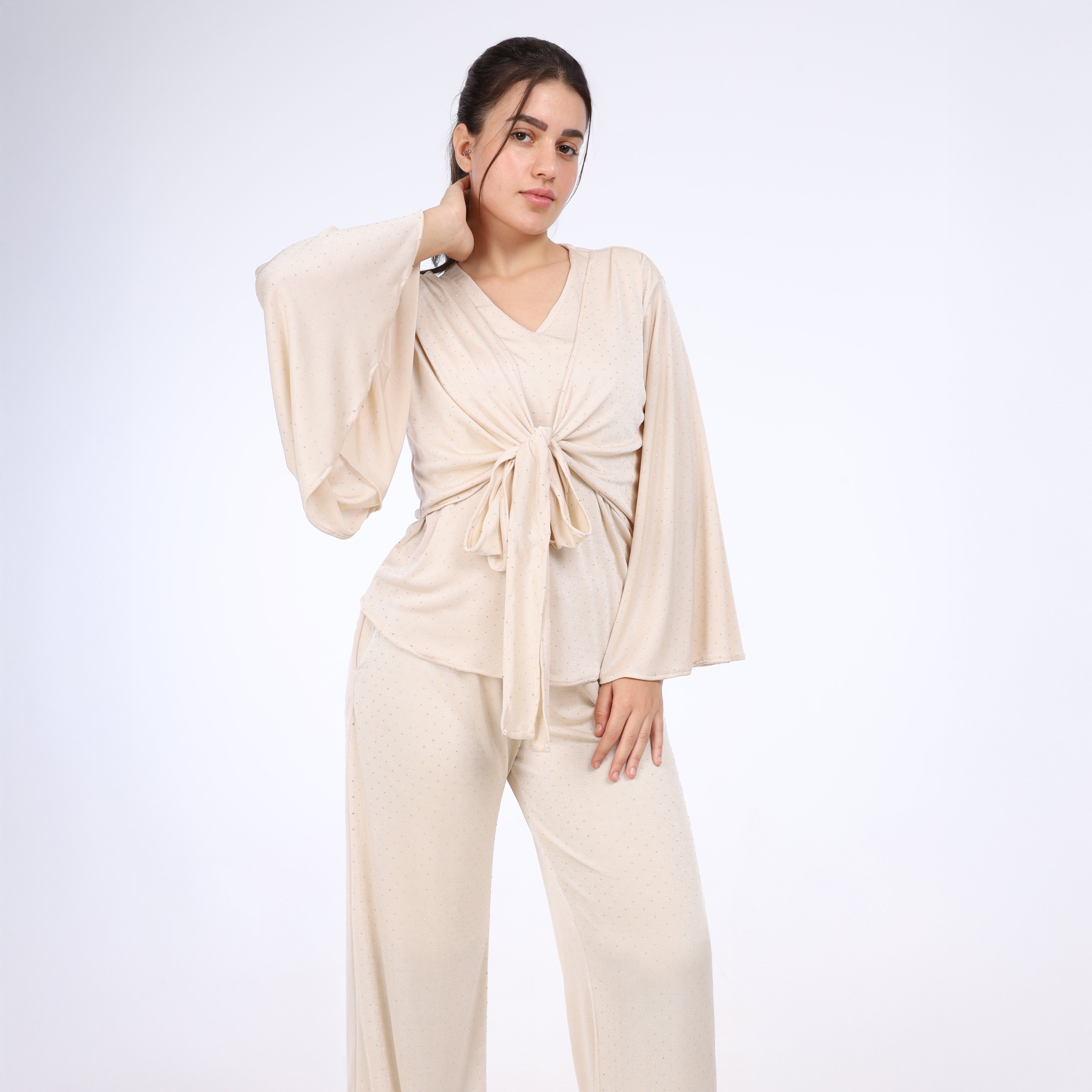 Beaded Tie-Front Elegant Set with Wide Sleeves w1649300