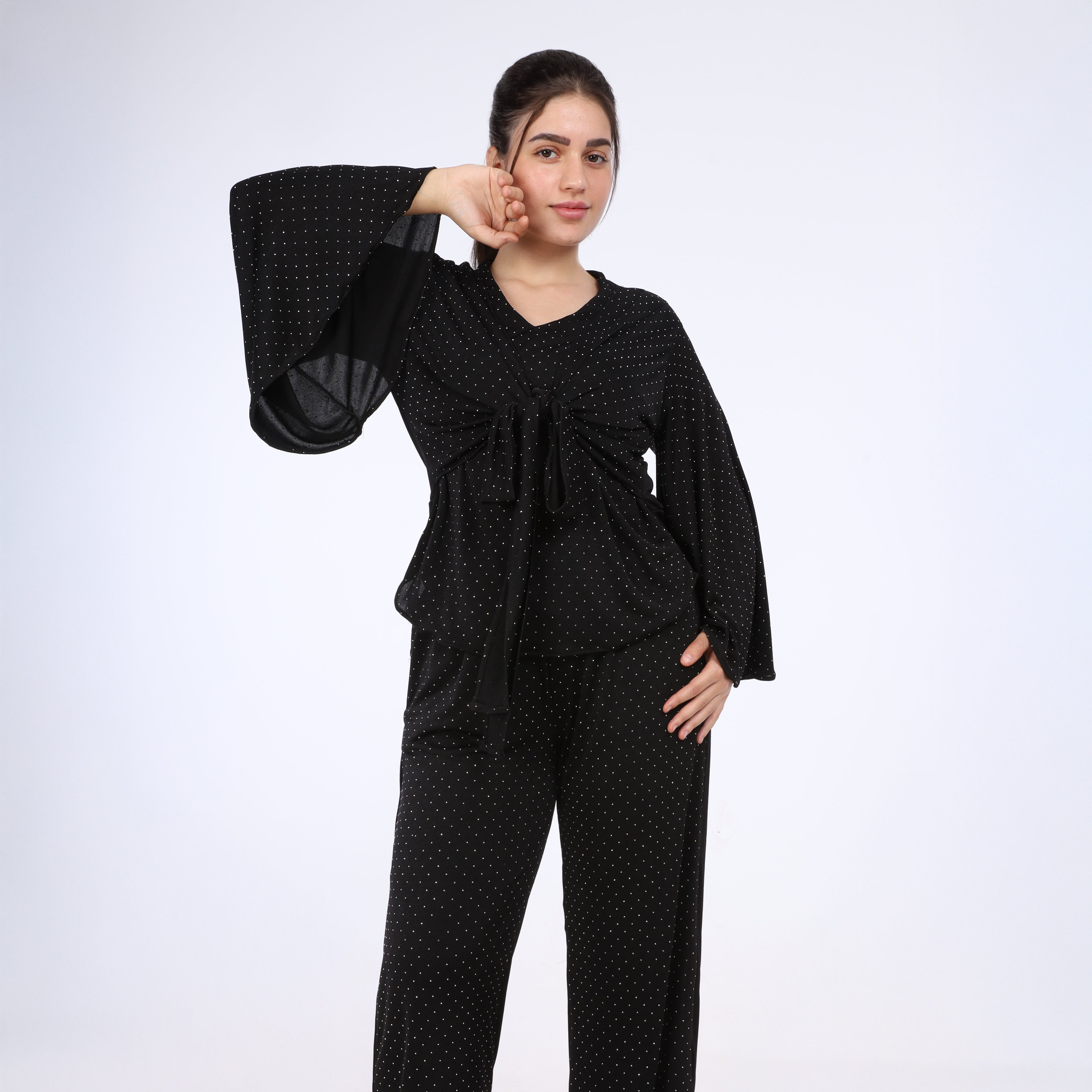 Beaded Tie-Front Elegant Set with Wide Sleeves w1649300