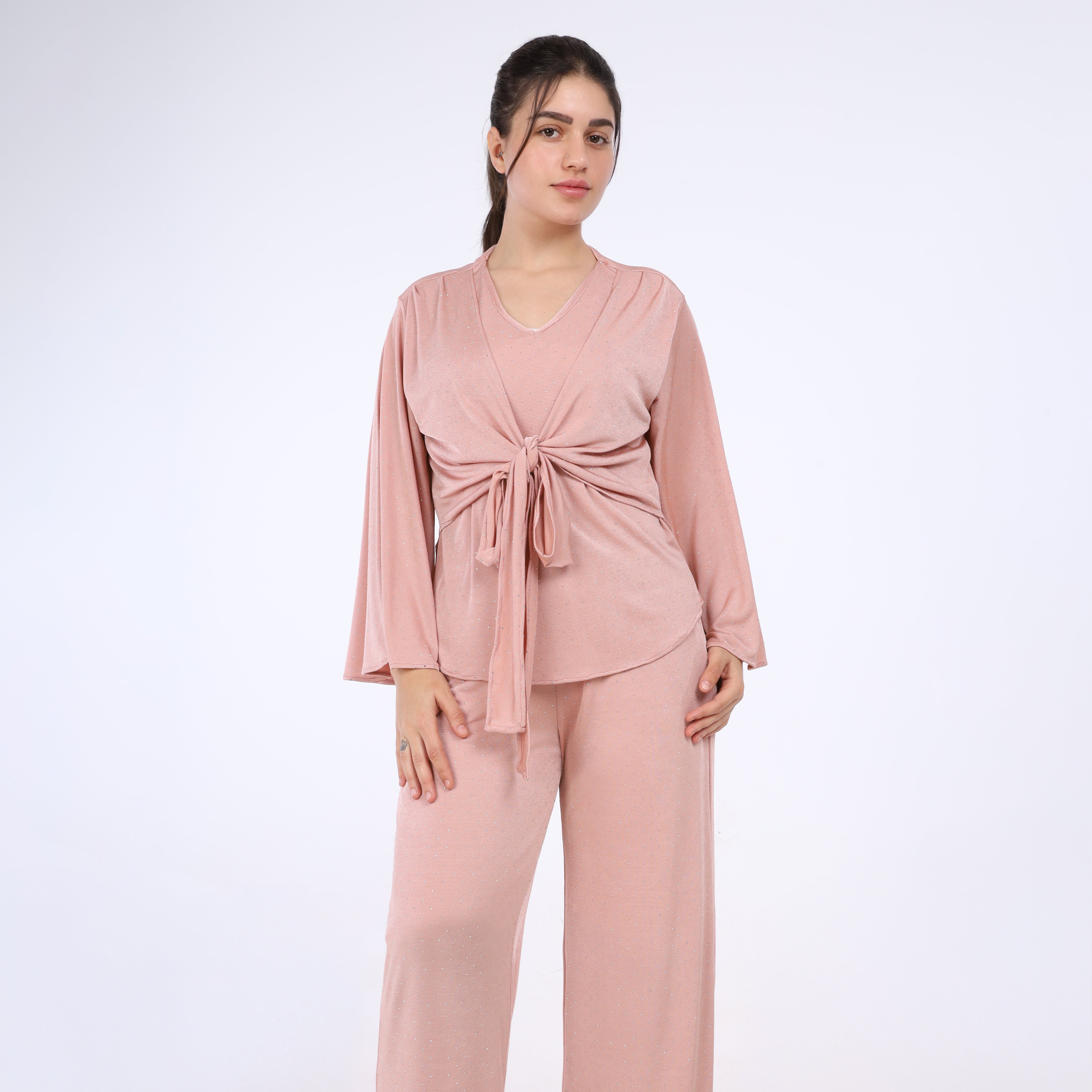 Beaded Tie-Front Elegant Set with Wide Sleeves w1649300