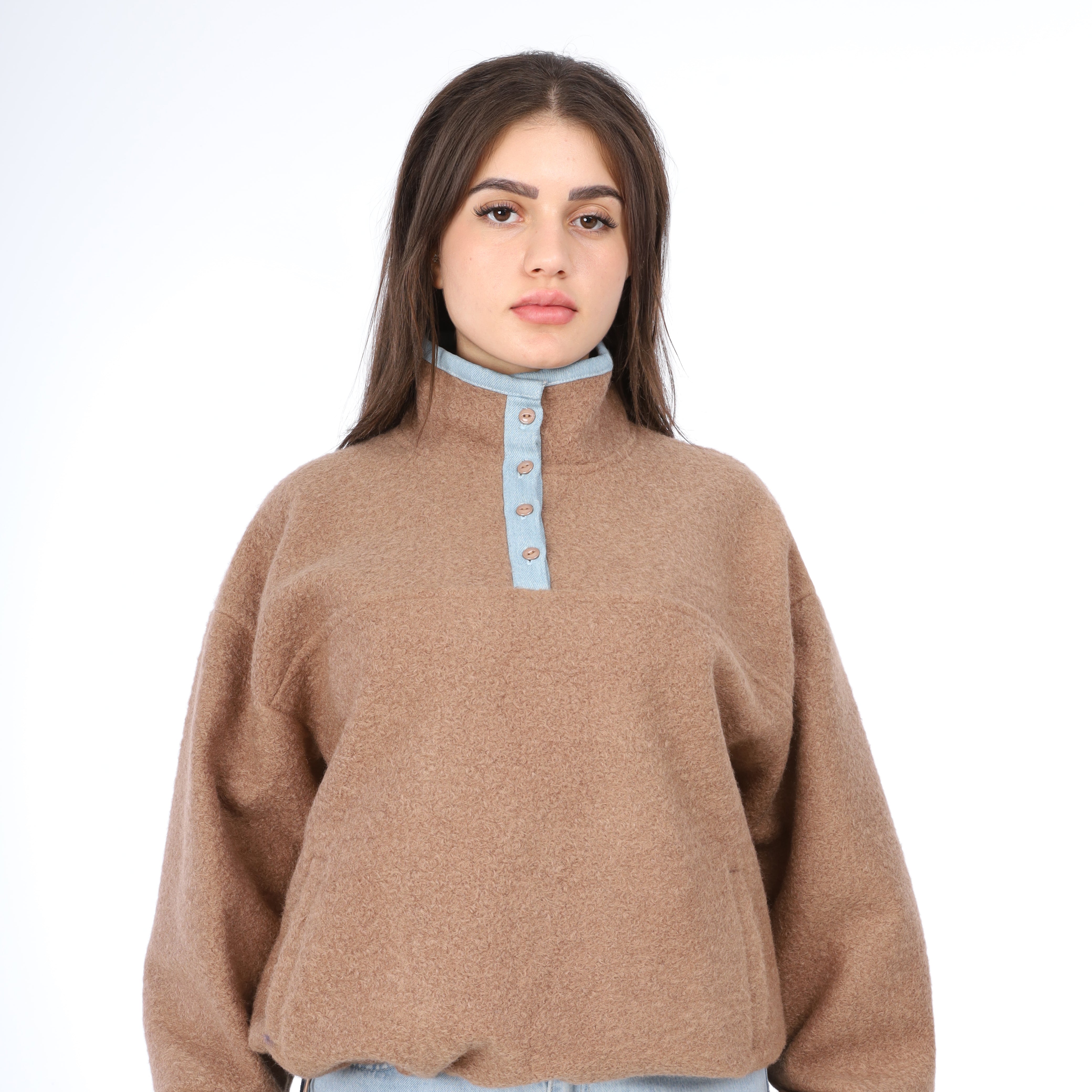 Contrast Button Fleece Pullover w164969