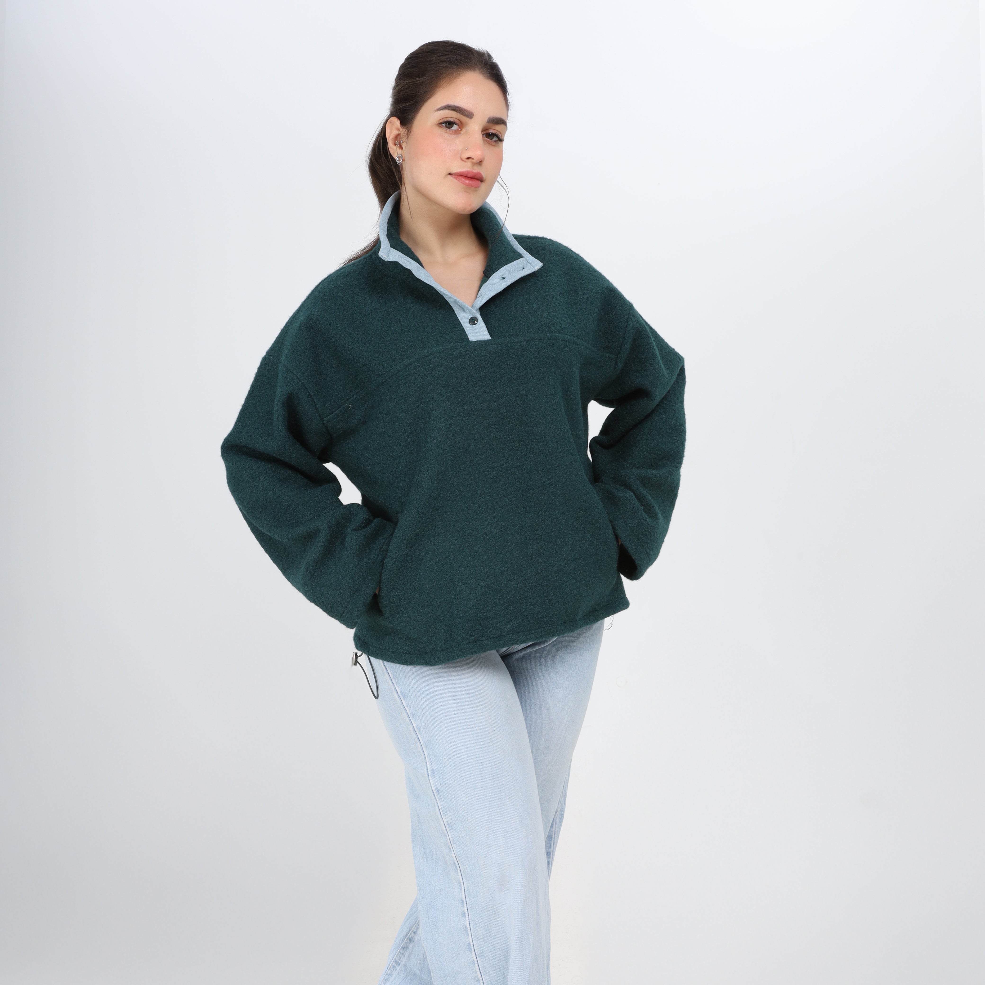 Contrast Button Fleece Pullover w164969