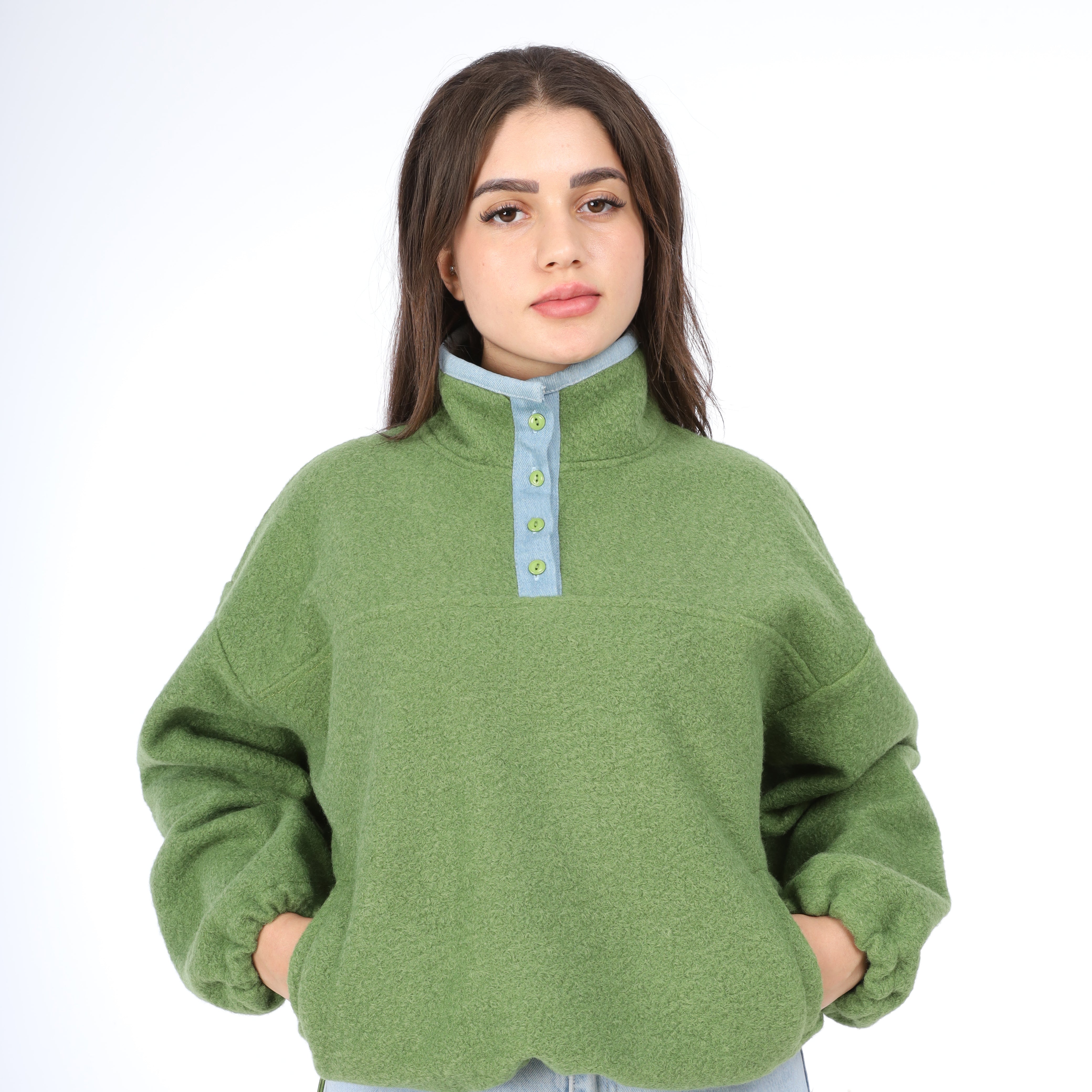 Contrast Button Fleece Pullover w164969