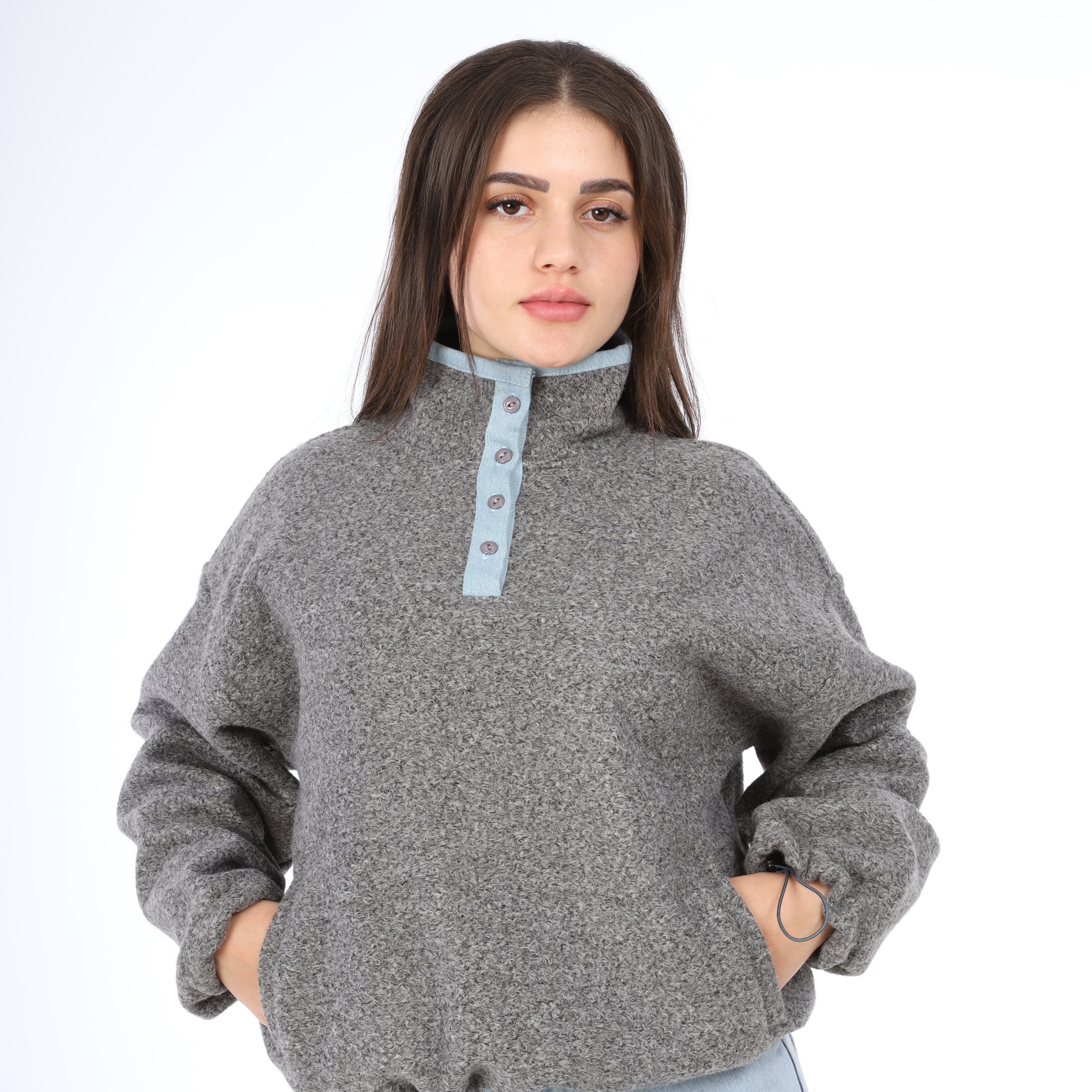 Contrast Button Fleece Pullover w164969
