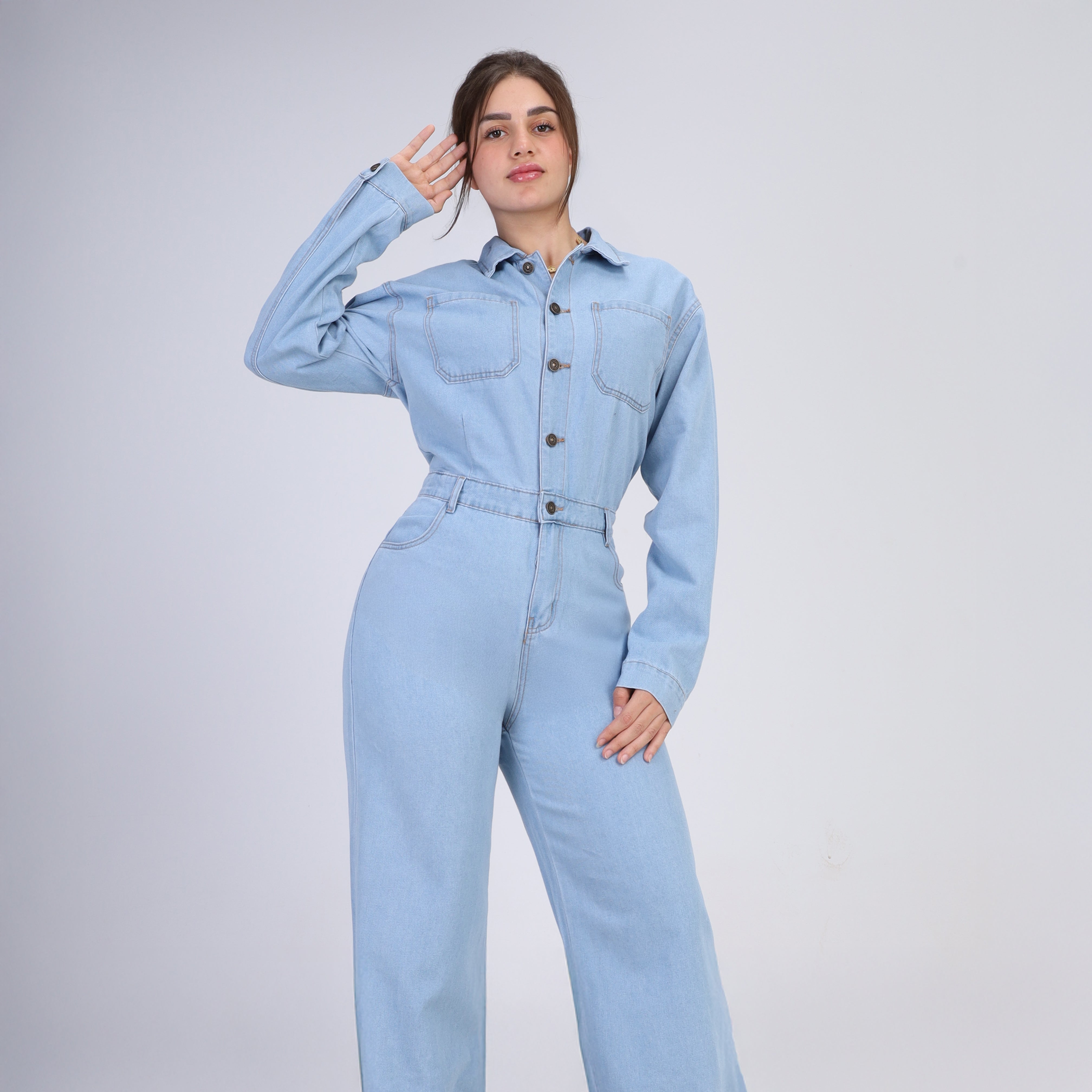 Long-Sleeve Denim Jumpsuit w1651165