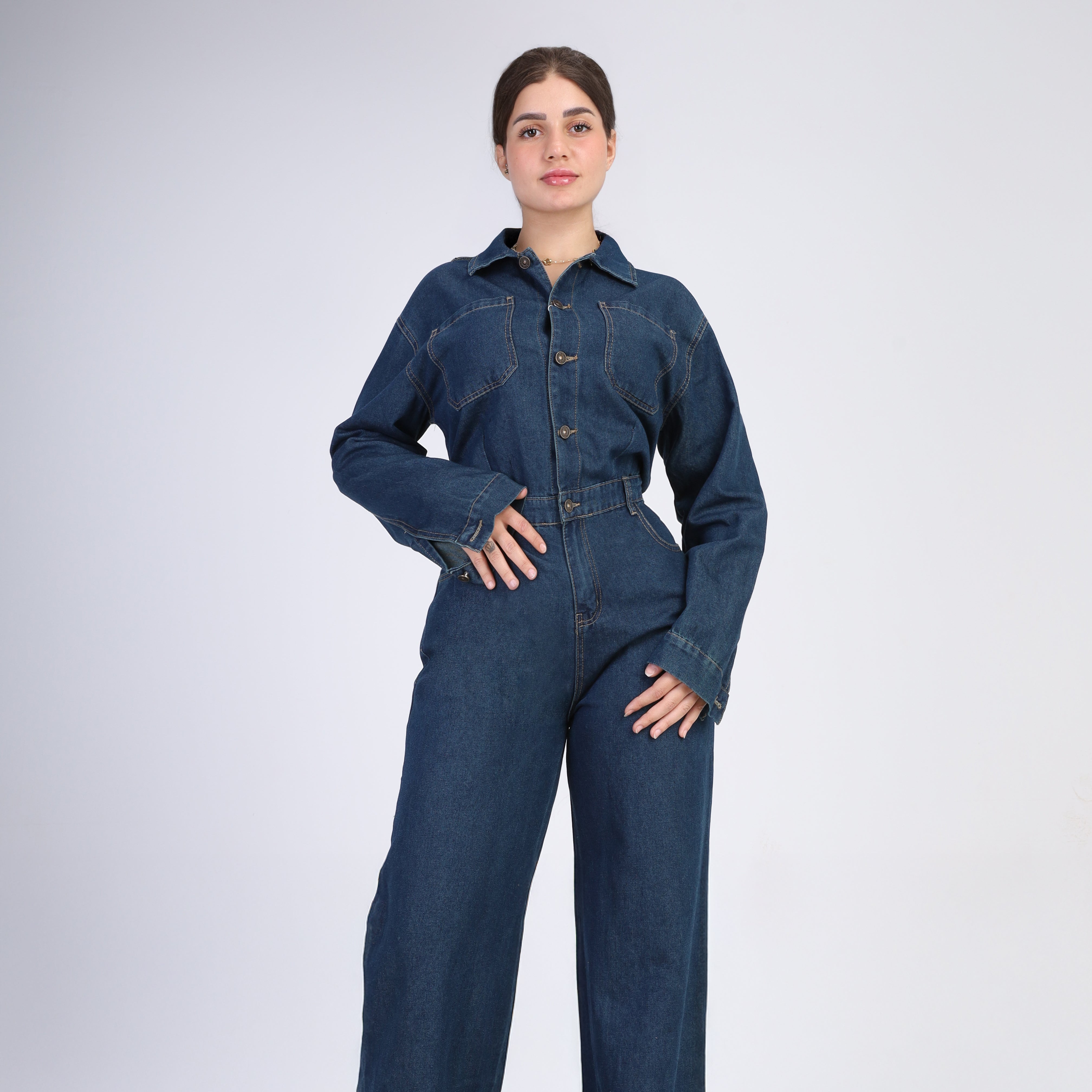 Long-Sleeve Denim Jumpsuit w1651166