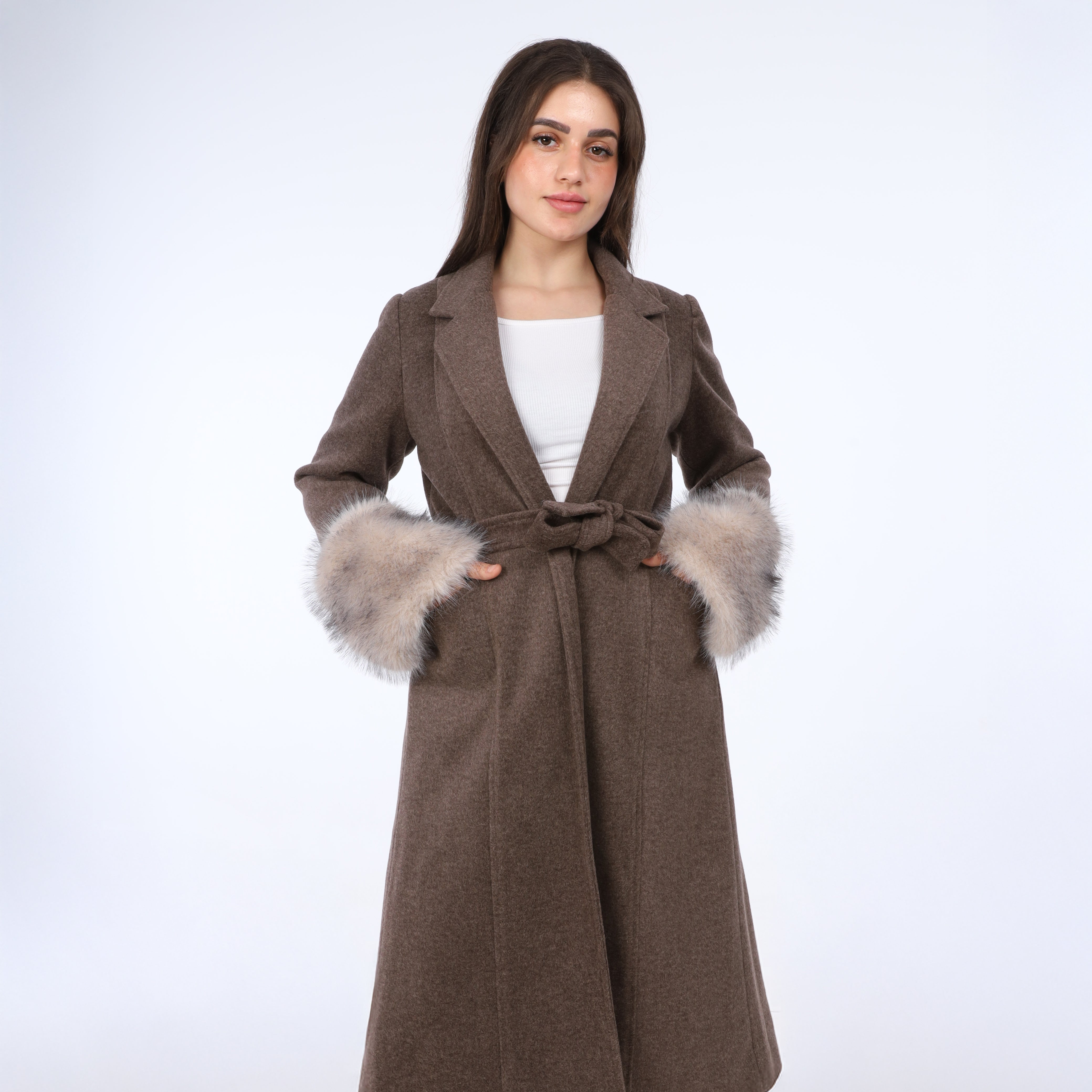 Faux Fur Cuff Belted Long Coat w169130701