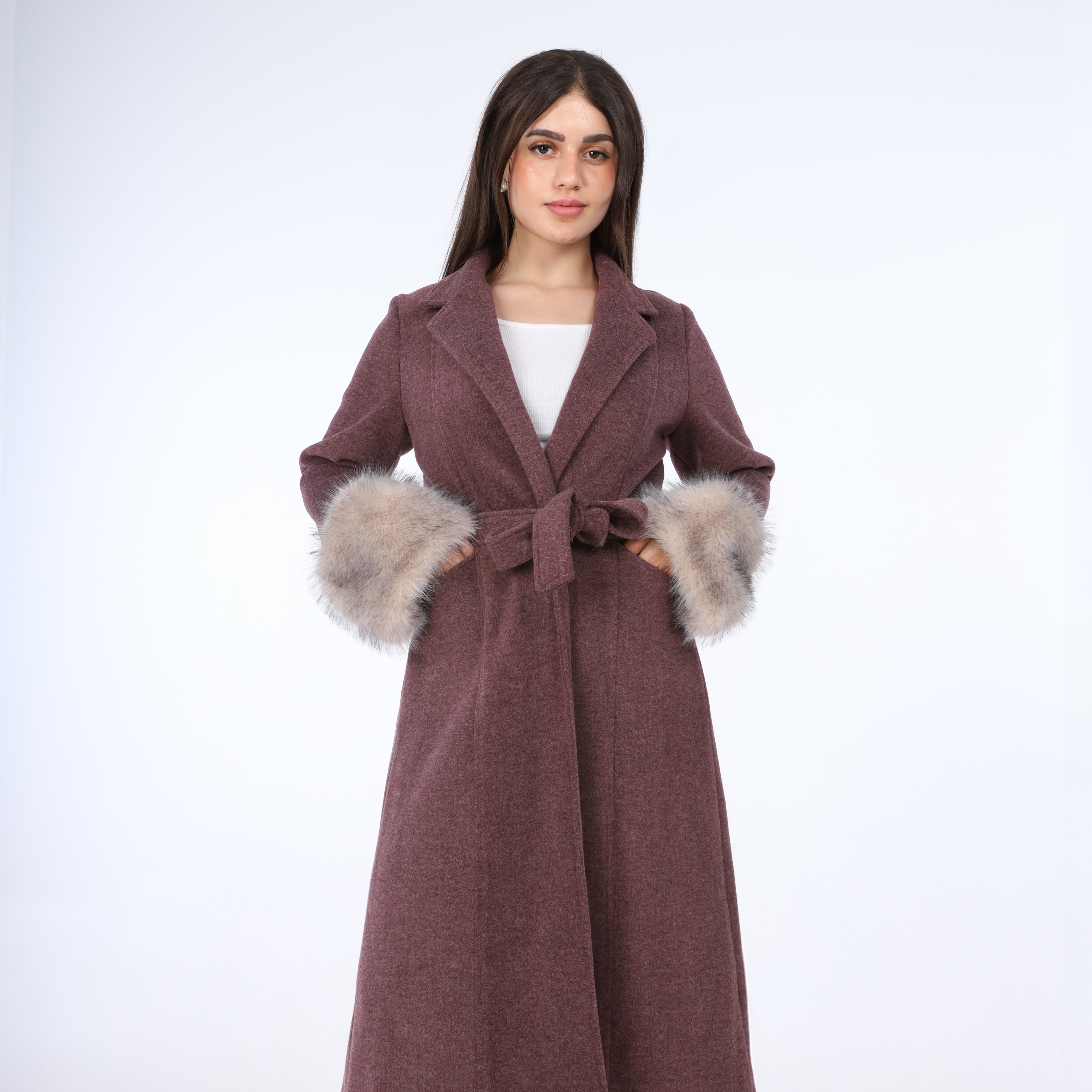 Faux Fur Cuff Belted Long Coat w169130701