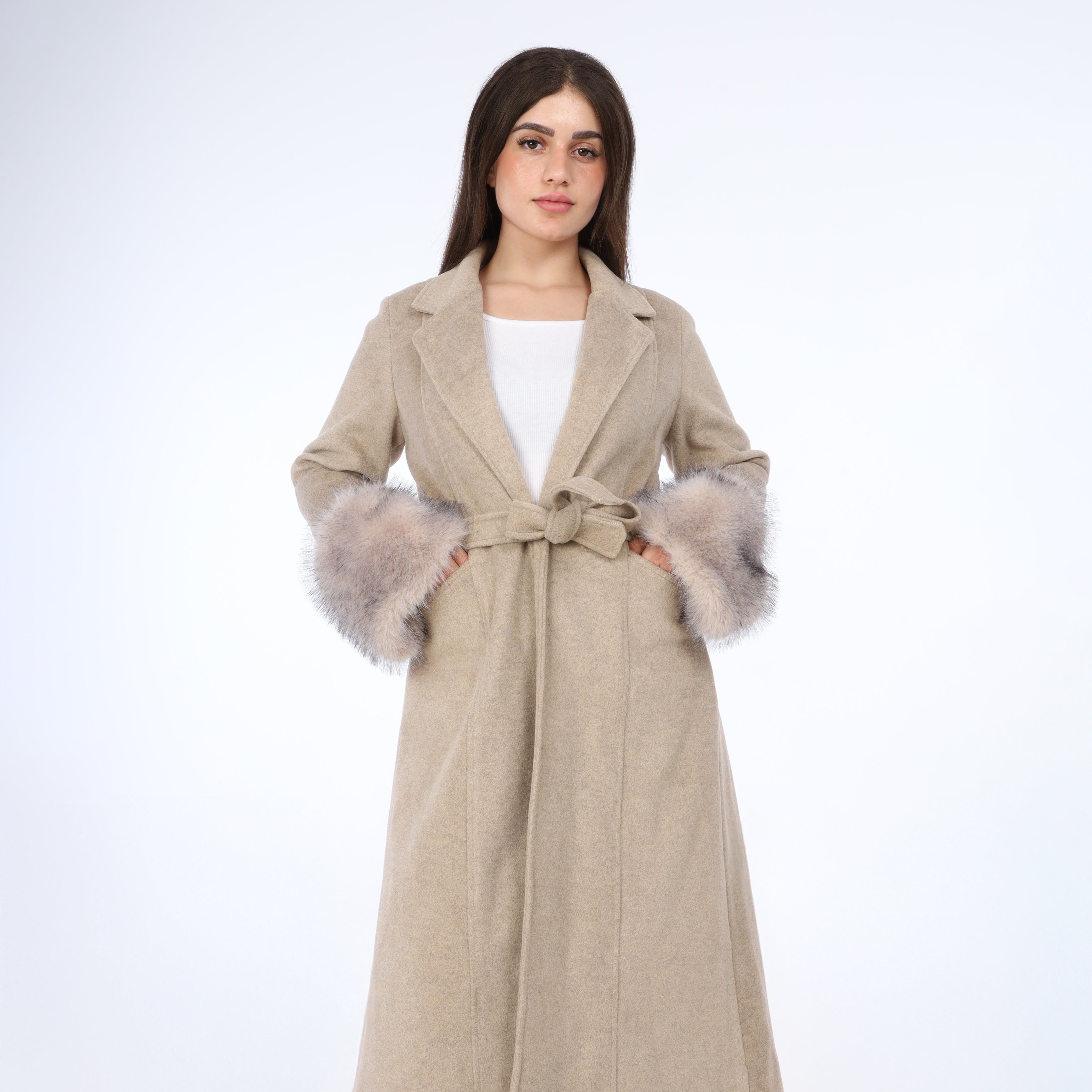 Faux Fur Cuff Belted Long Coat w169130701