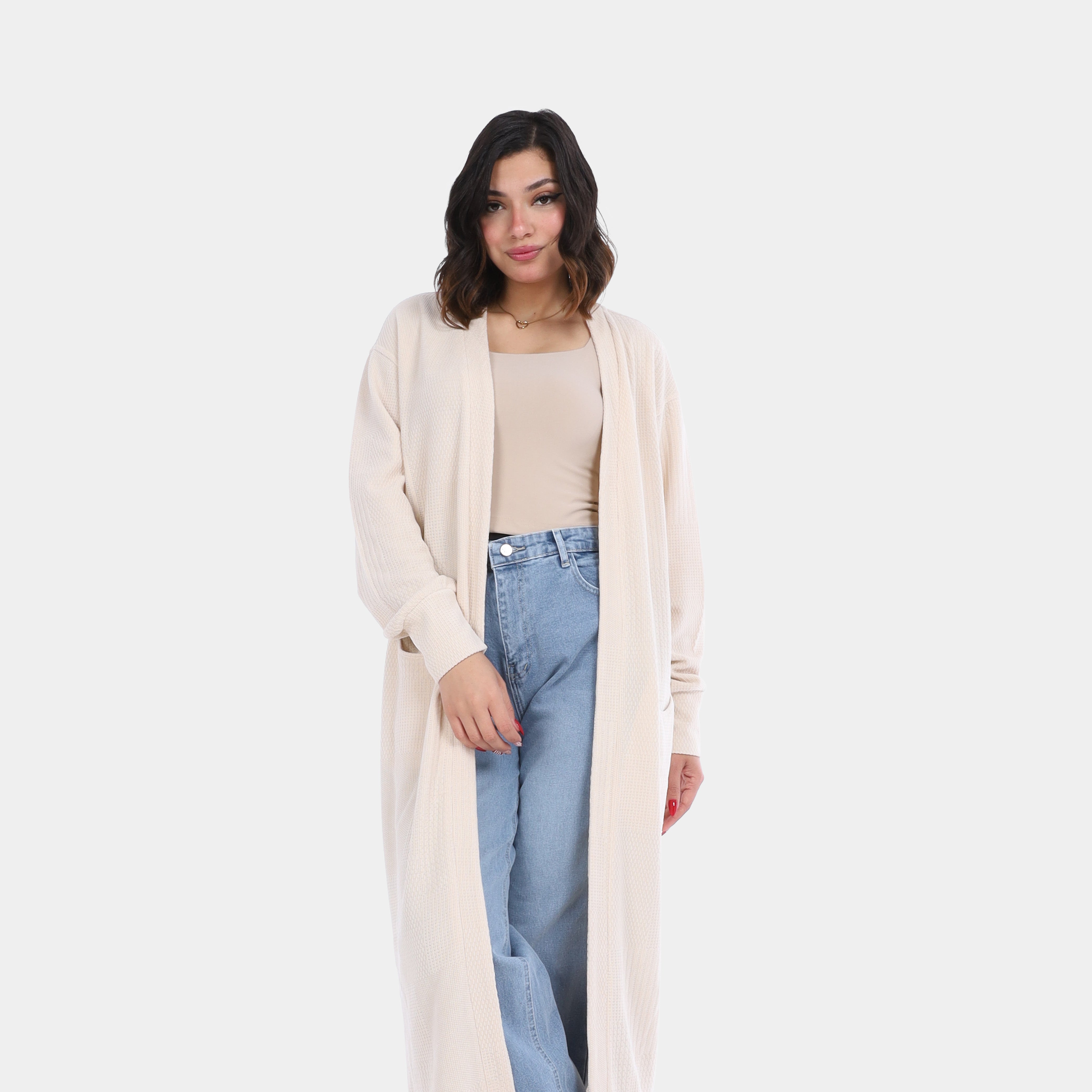 Long Open-Front Knit Cardigan with Pockets w169210007