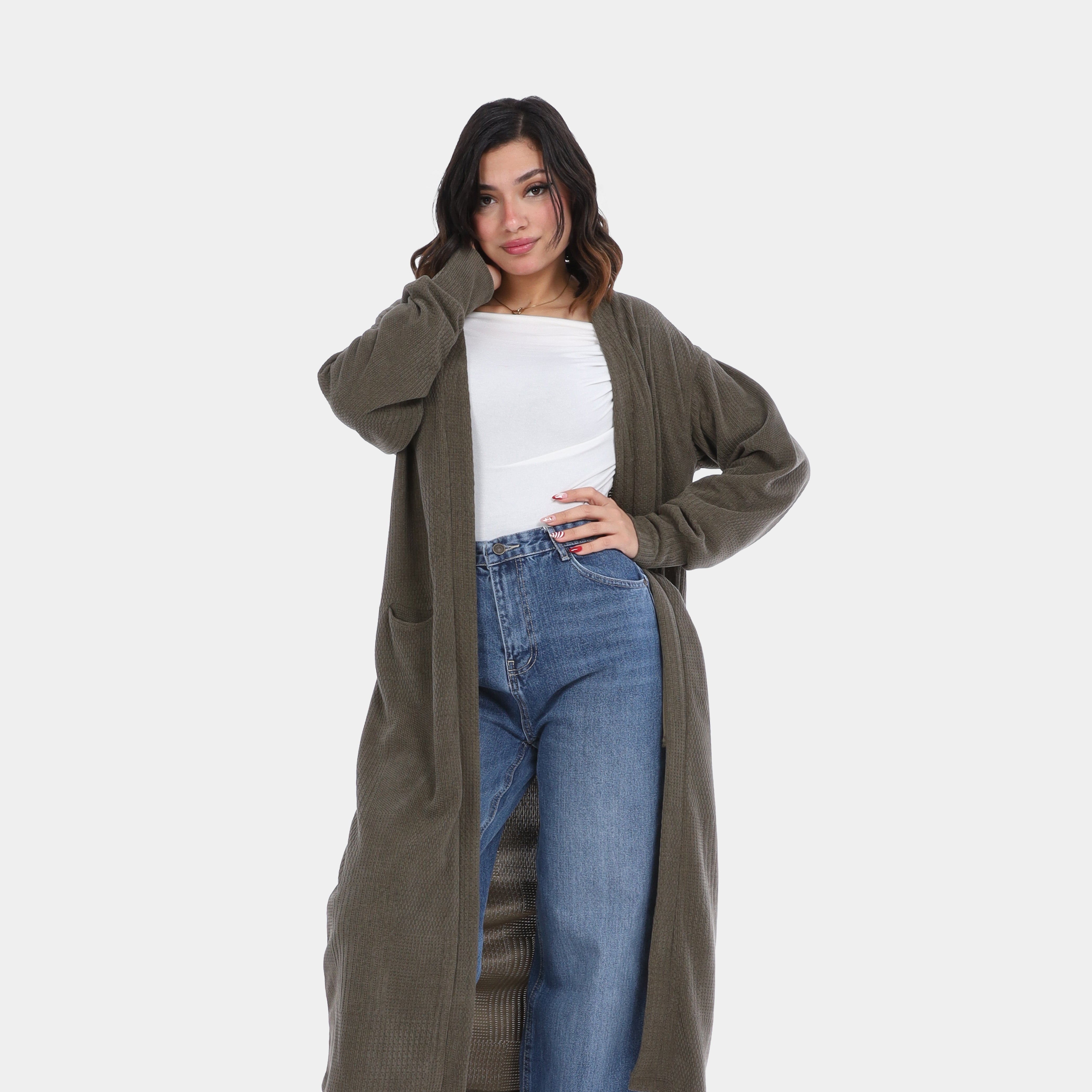 Long Open-Front Knit Cardigan with Pockets w169210007