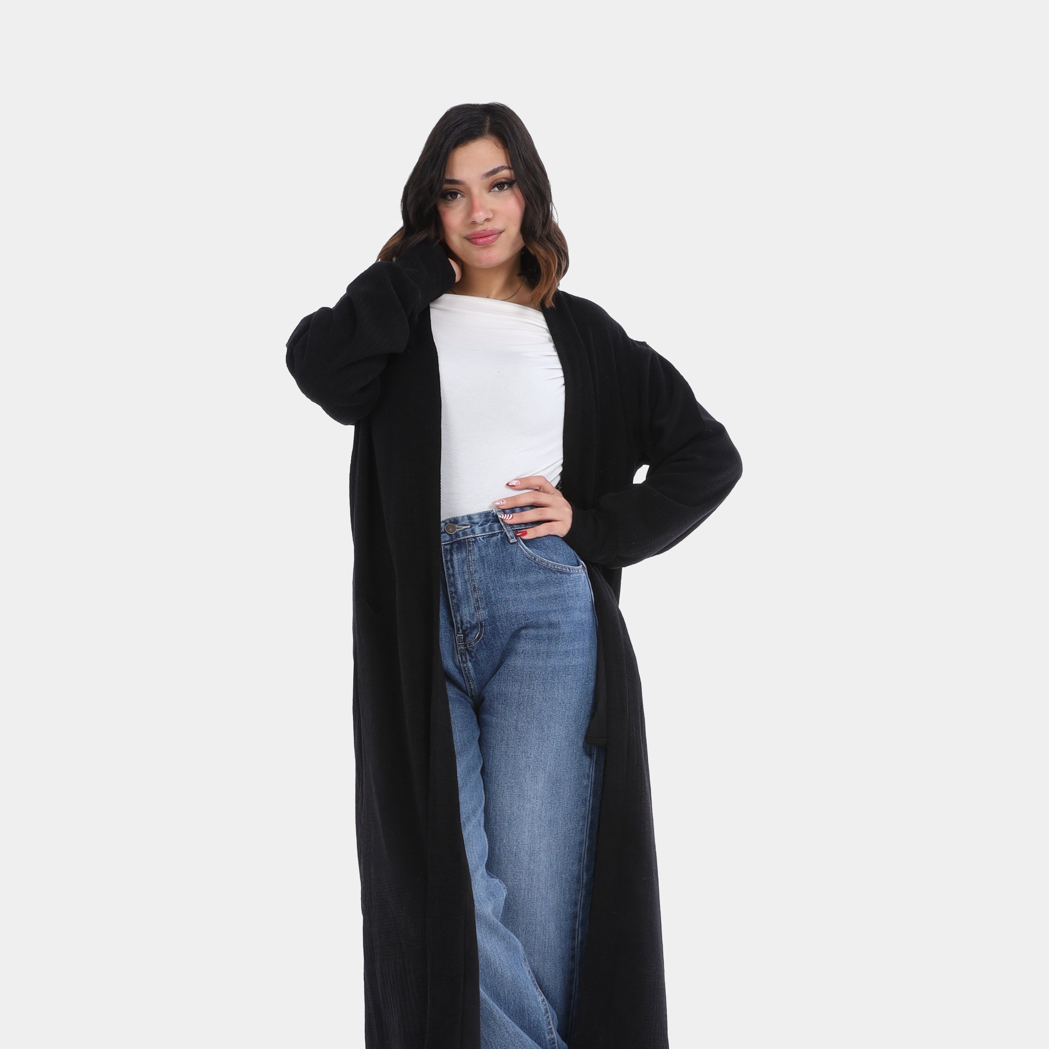 Long Open-Front Knit Cardigan with Pockets w169210007