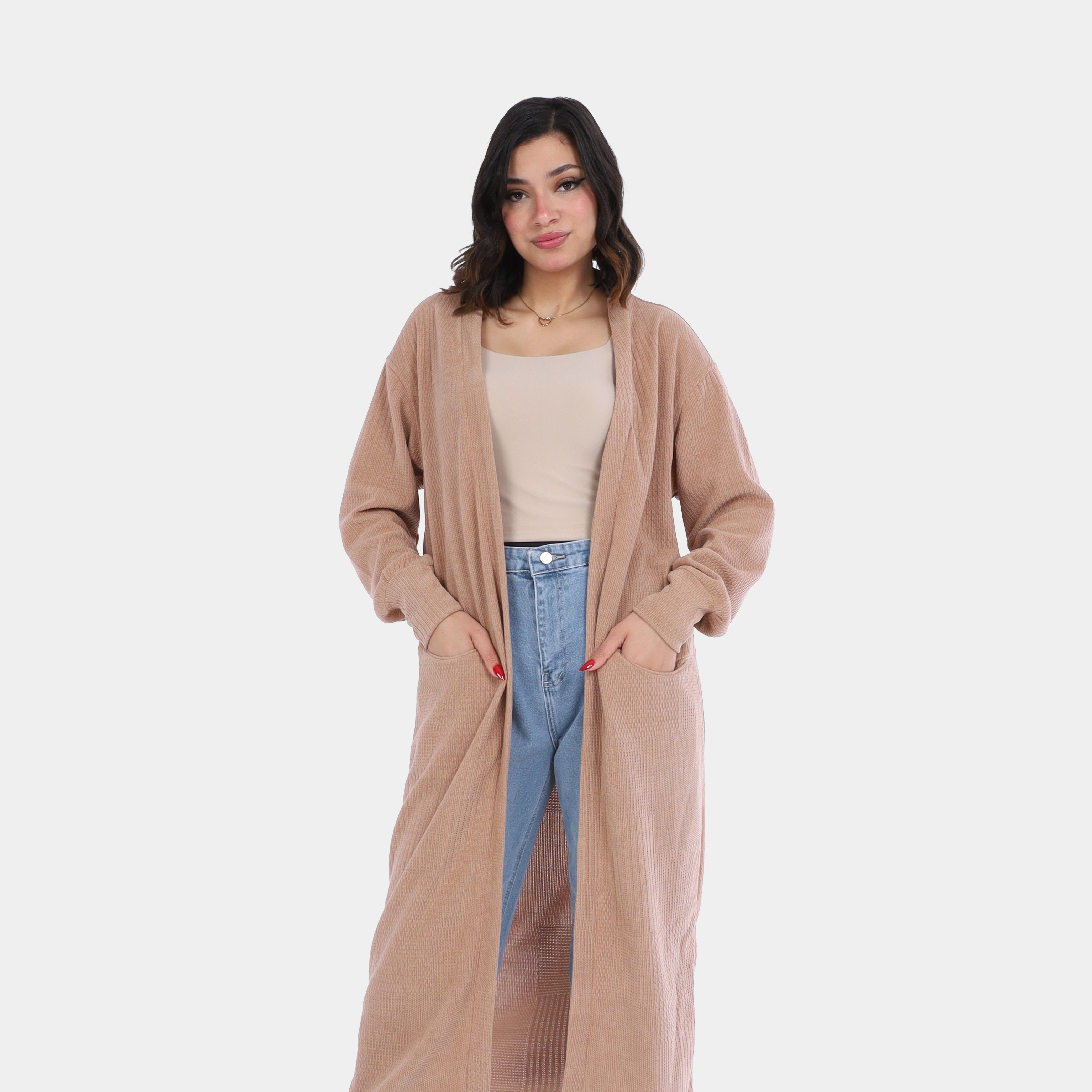 Long Open-Front Knit Cardigan with Pockets w169210007