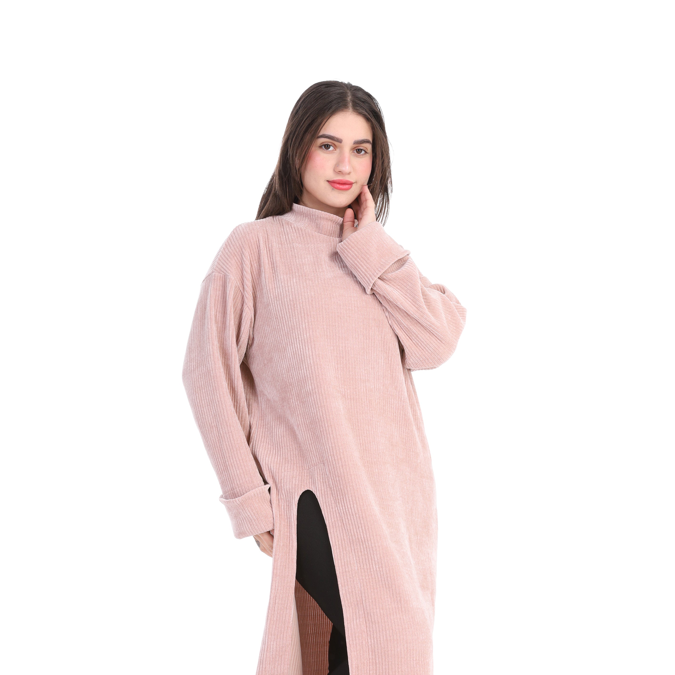 Ribbed Midi Dress with Front Slit w169210009