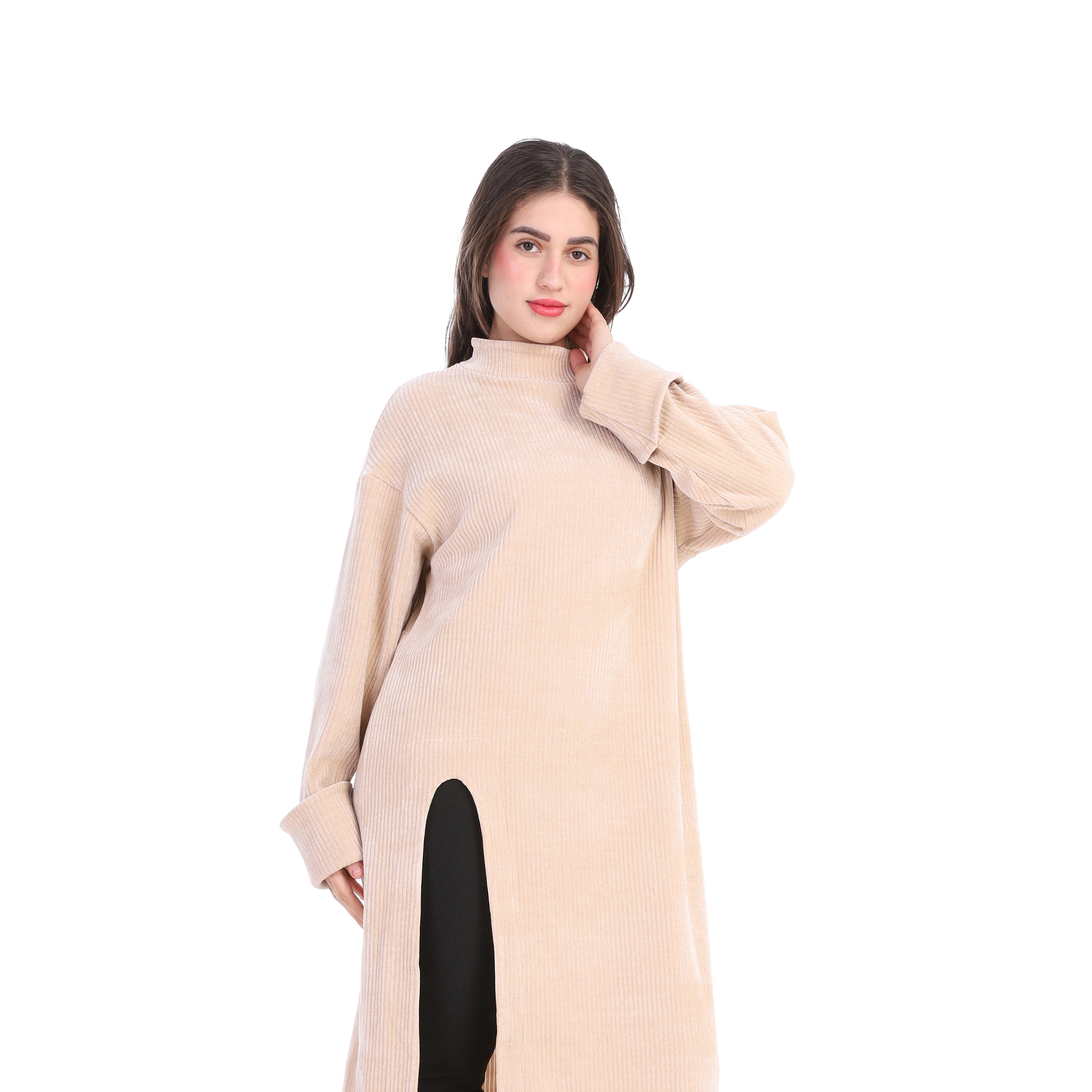 Ribbed Midi Dress with Front Slit w169210009