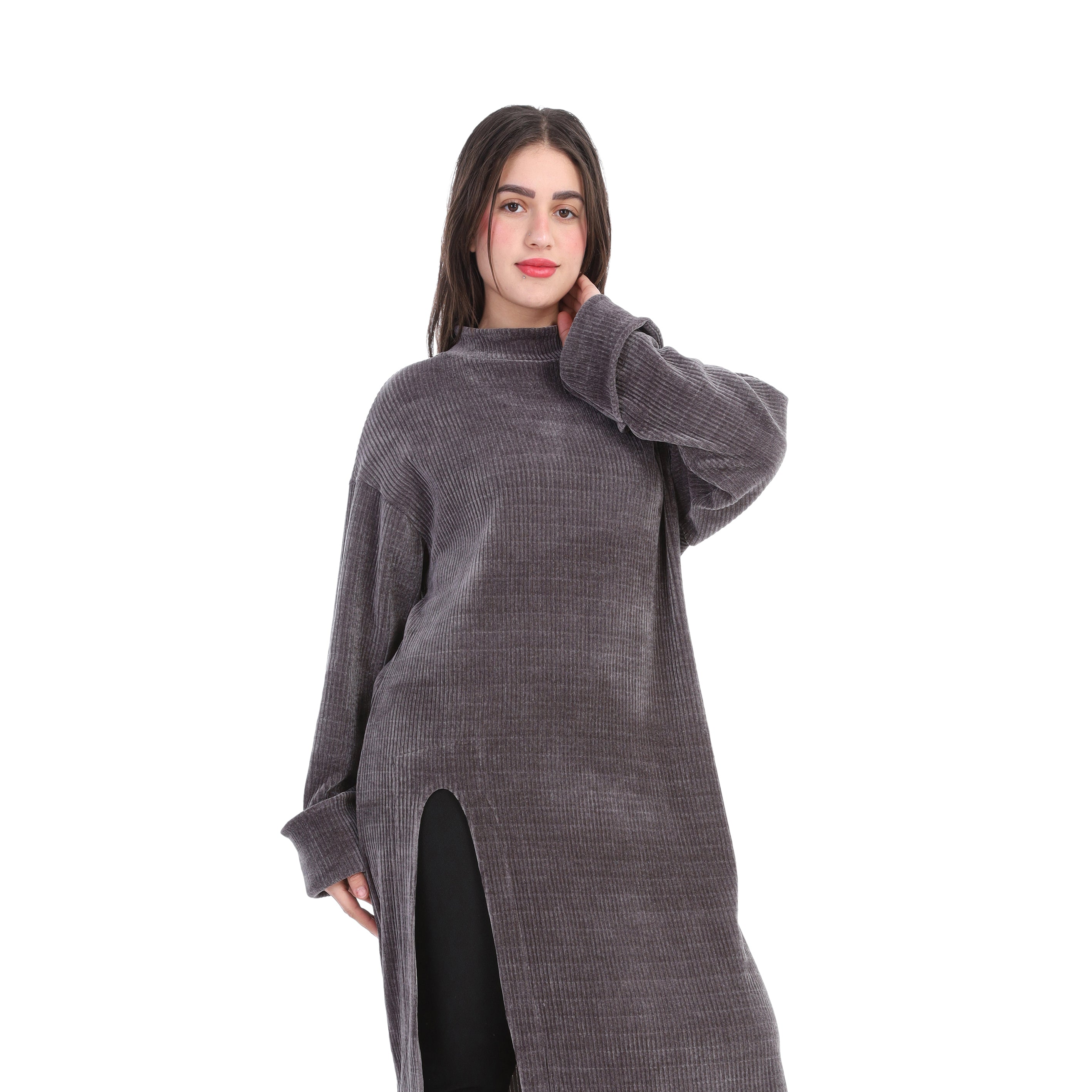 Ribbed Midi Dress with Front Slit w169210009