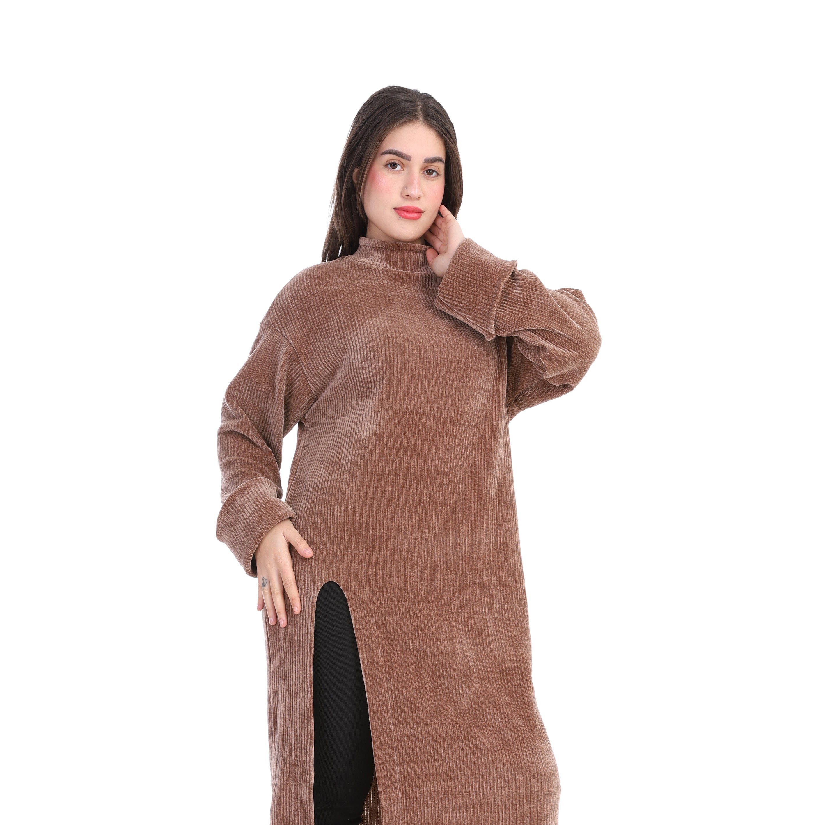 Ribbed Midi Dress with Front Slit w169210009