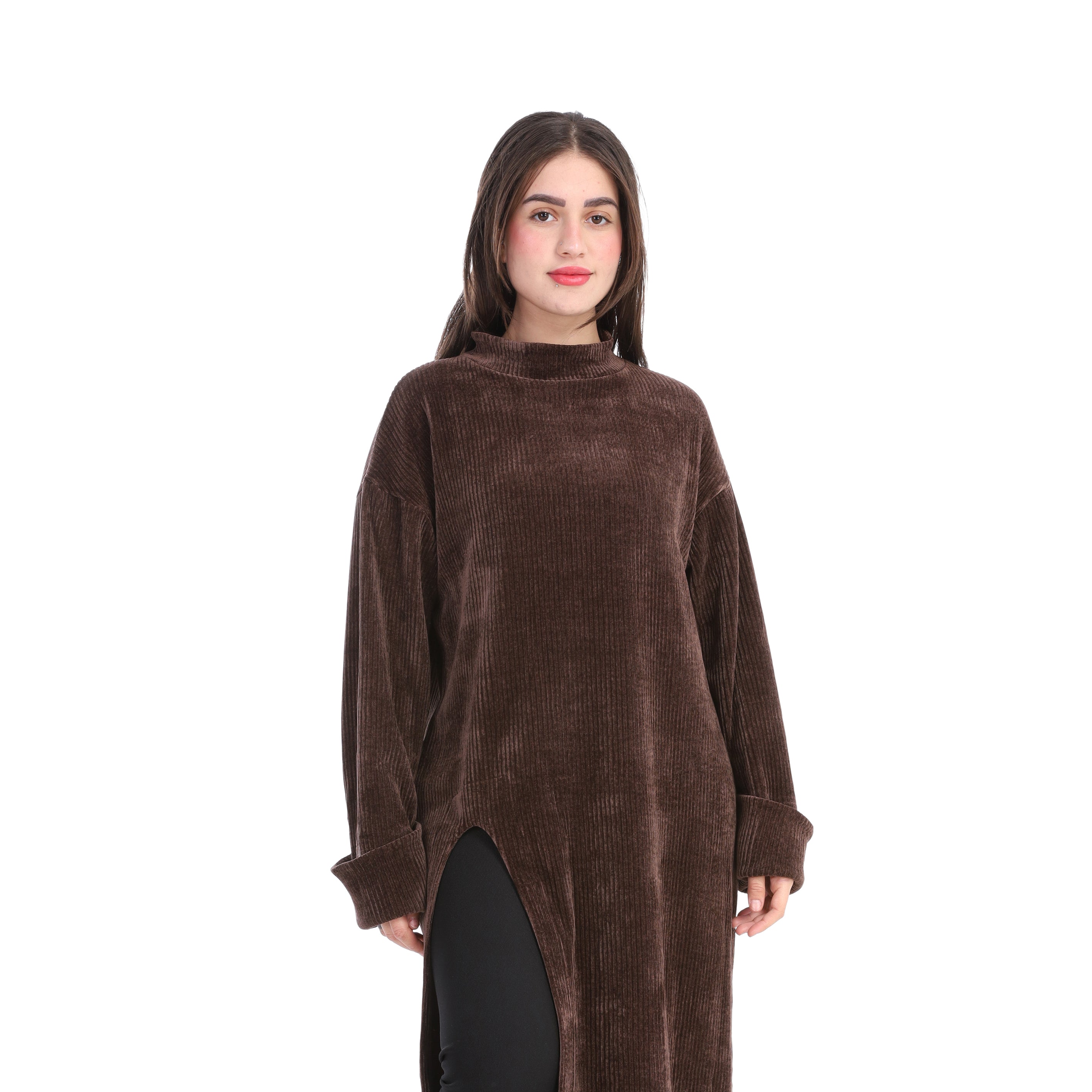 Ribbed Midi Dress with Front Slit w169210009