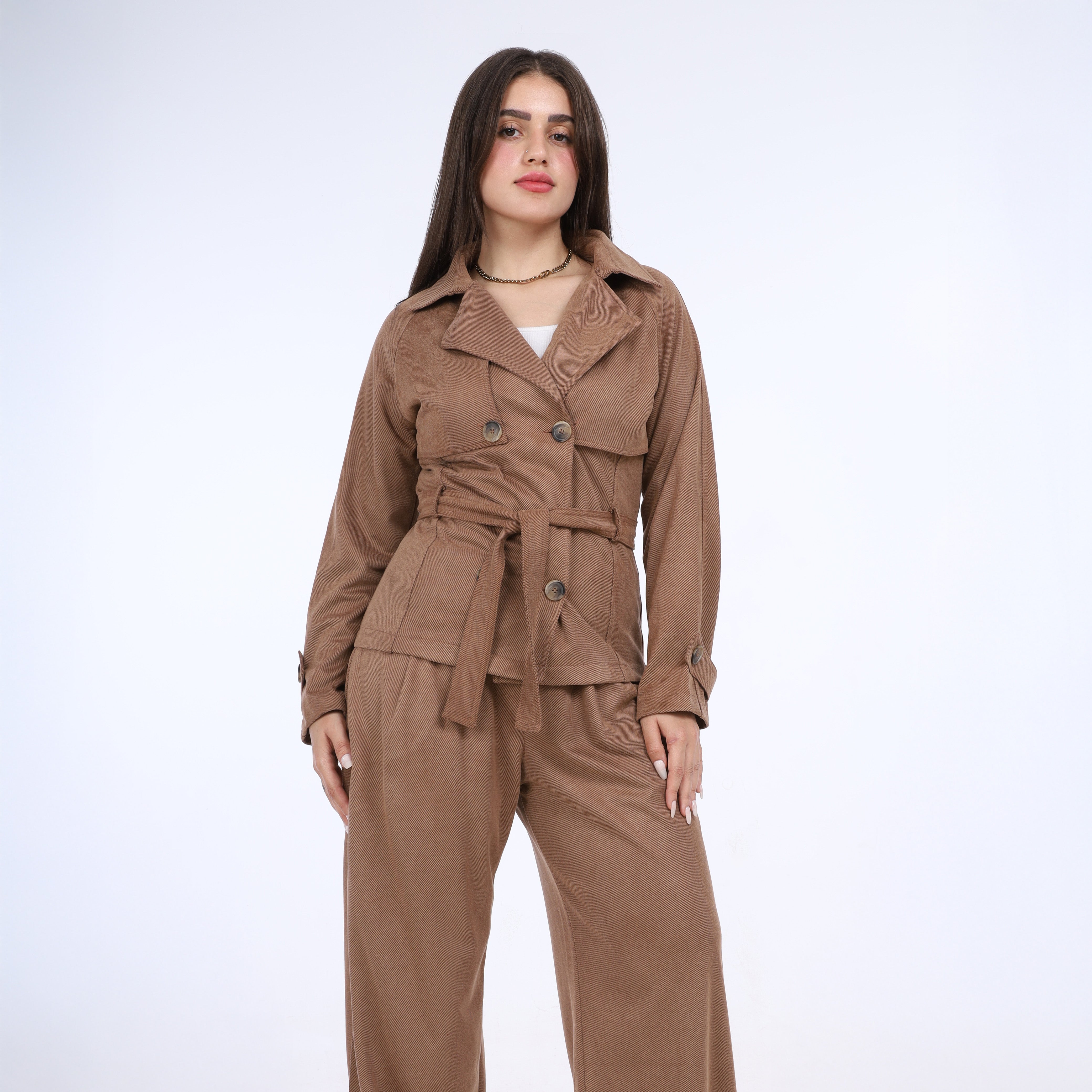 Belted Double-Breasted Jacket & Wide-Leg Pants Suit w169240036