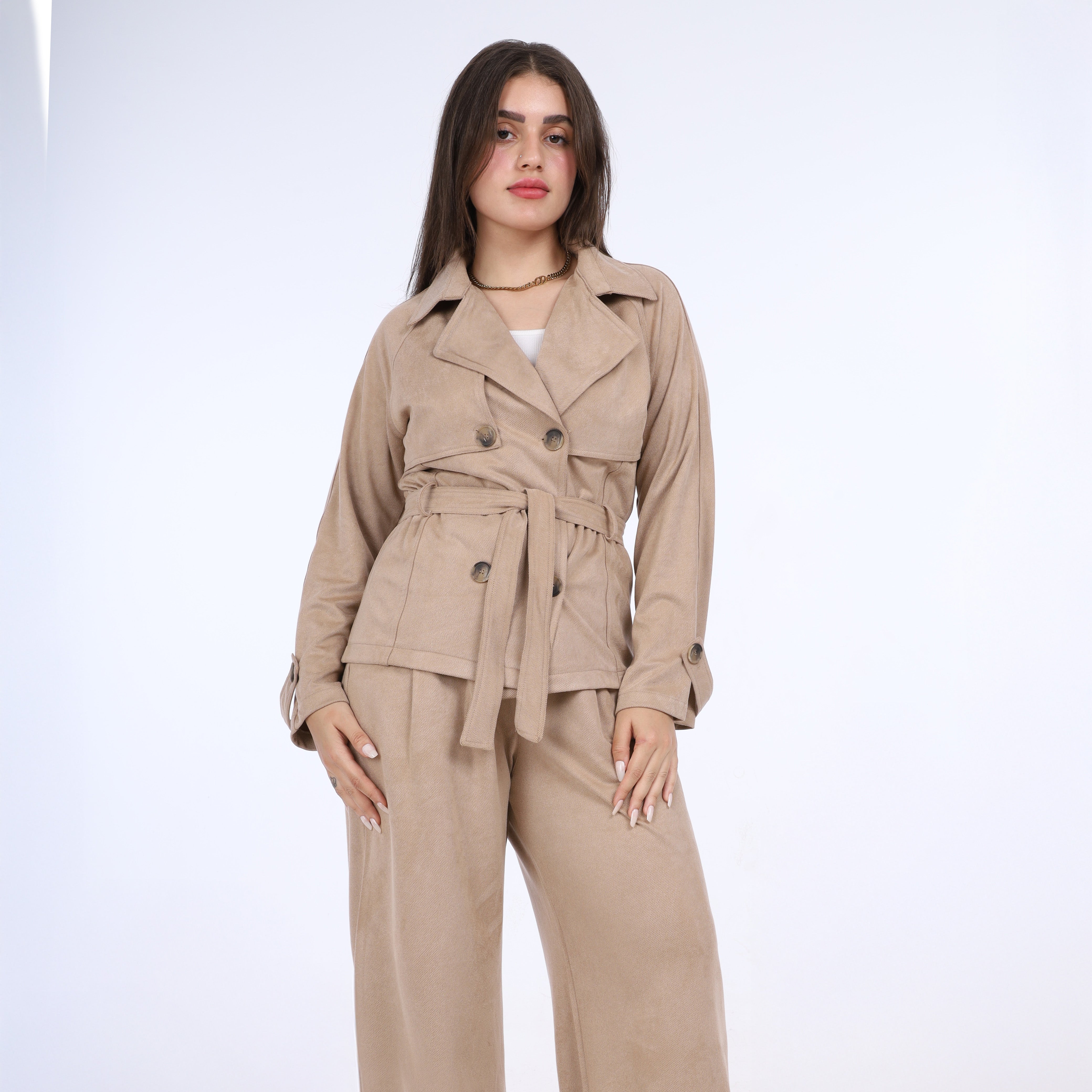 Belted Double-Breasted Jacket & Wide-Leg Pants Suit w169240036