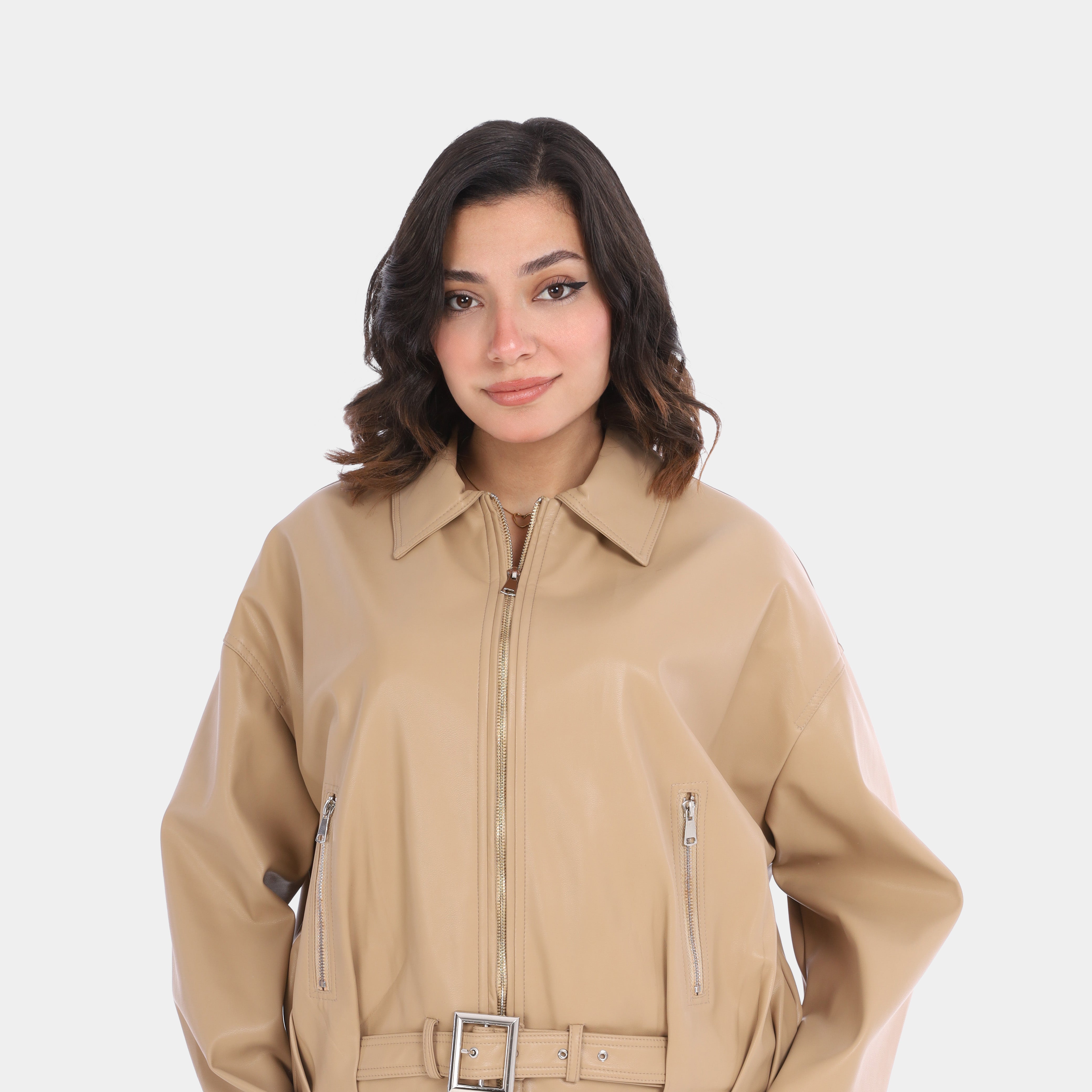 Faux Leather Jacket with Zippered Pockets w169240060