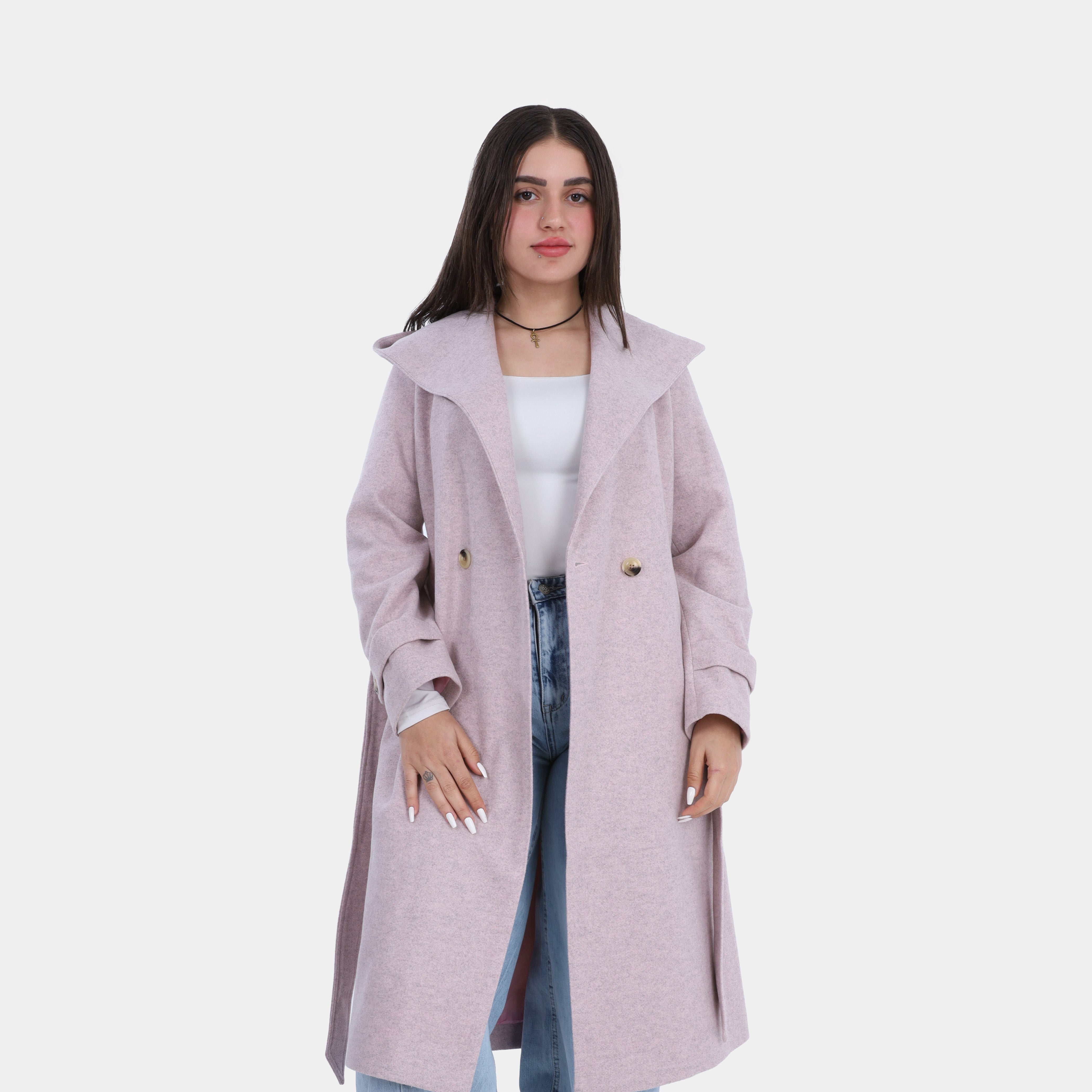 Elegant Hooded Long Coat with Waist Belt w16959137