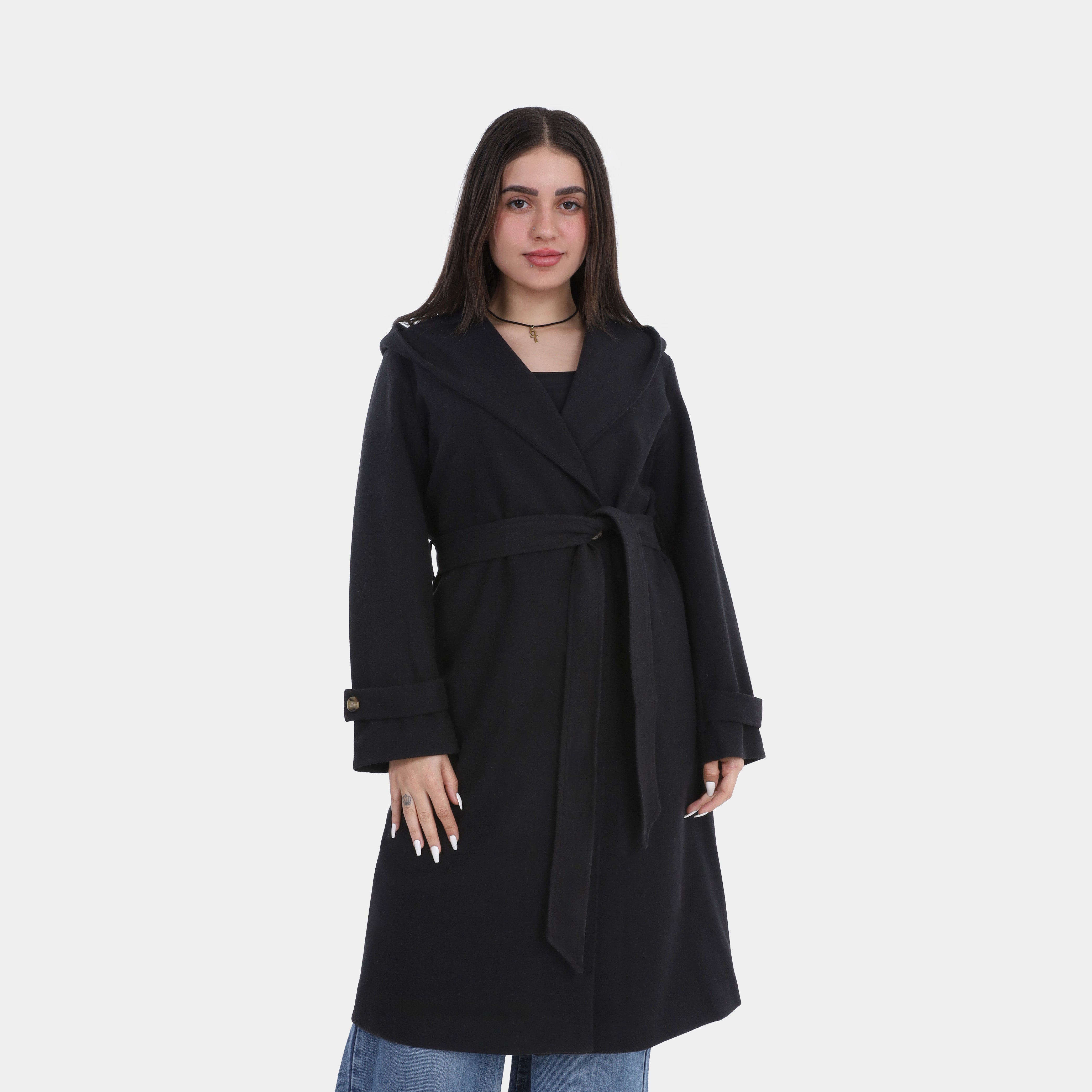 Elegant Hooded Long Coat with Waist Belt w16959137