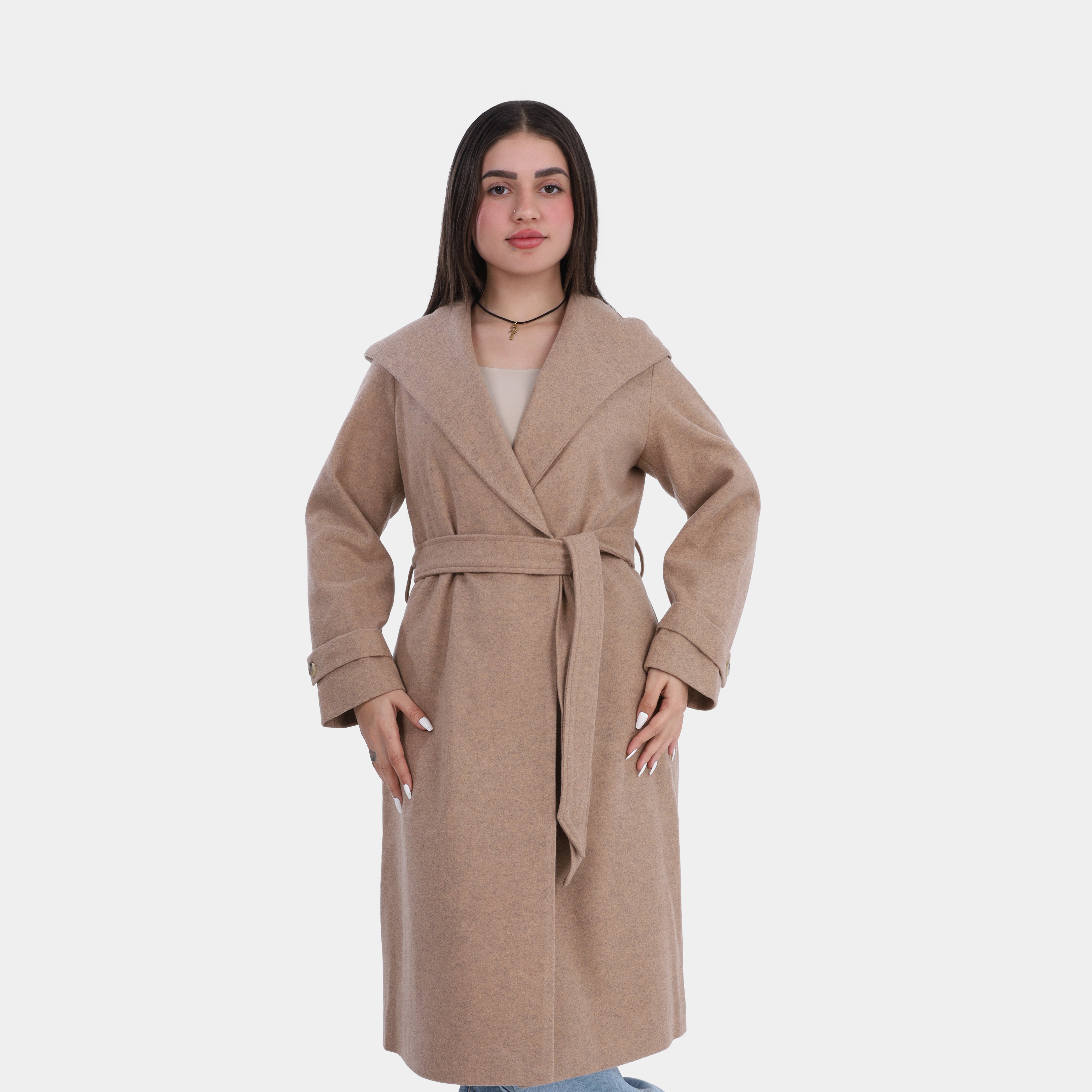 Elegant Hooded Long Coat with Waist Belt w16959137
