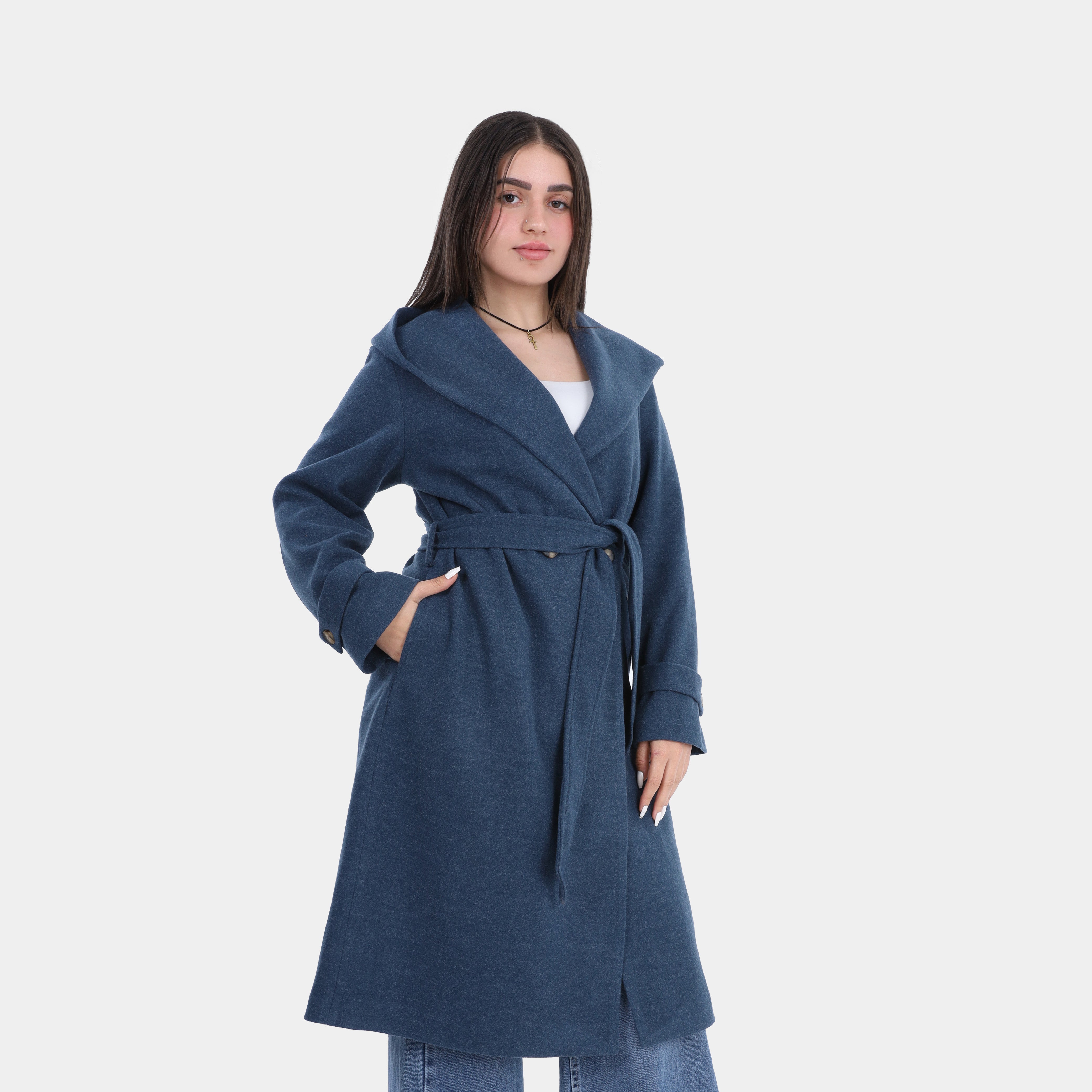 Elegant Hooded Long Coat with Waist Belt w16959137