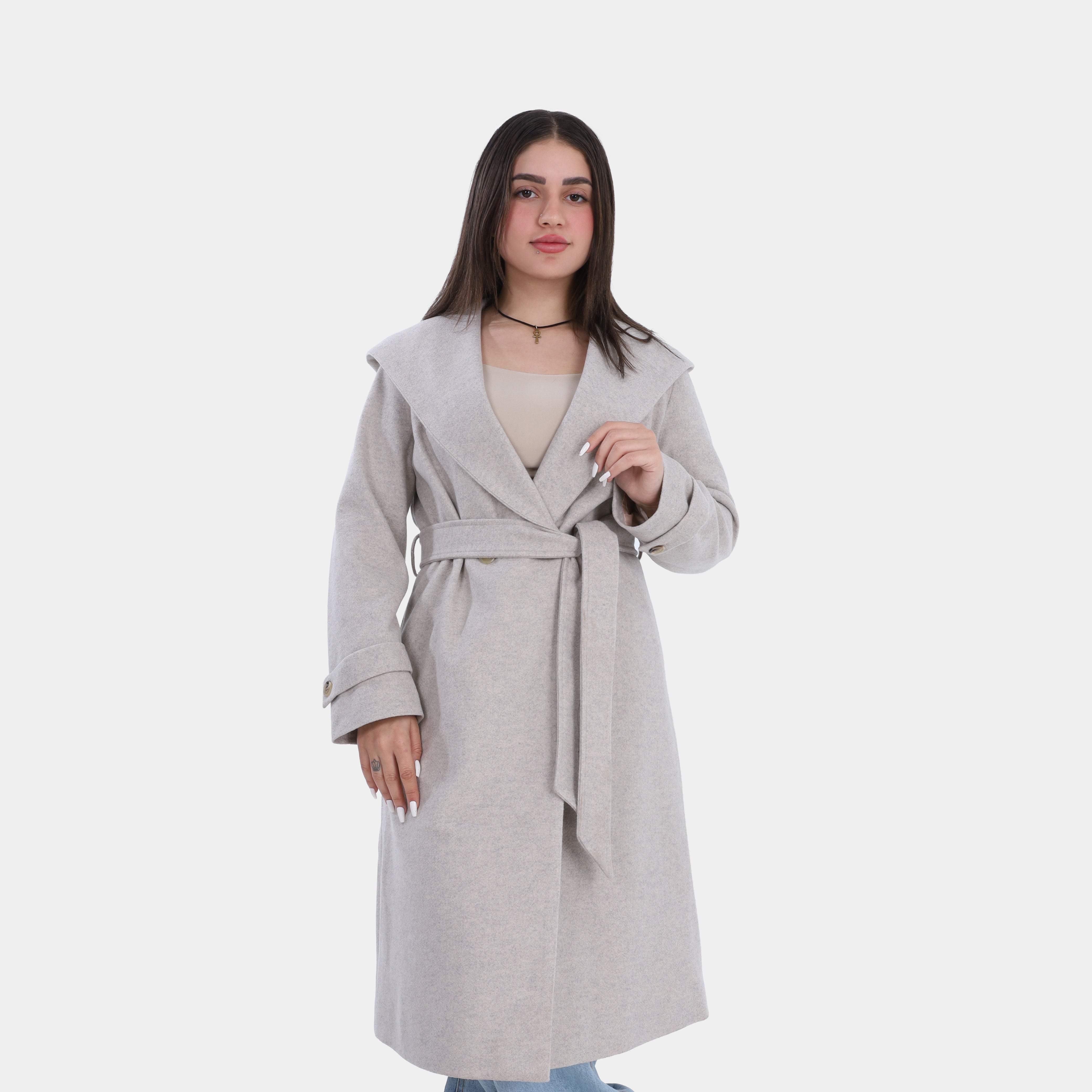 Elegant Hooded Long Coat with Waist Belt w16959137
