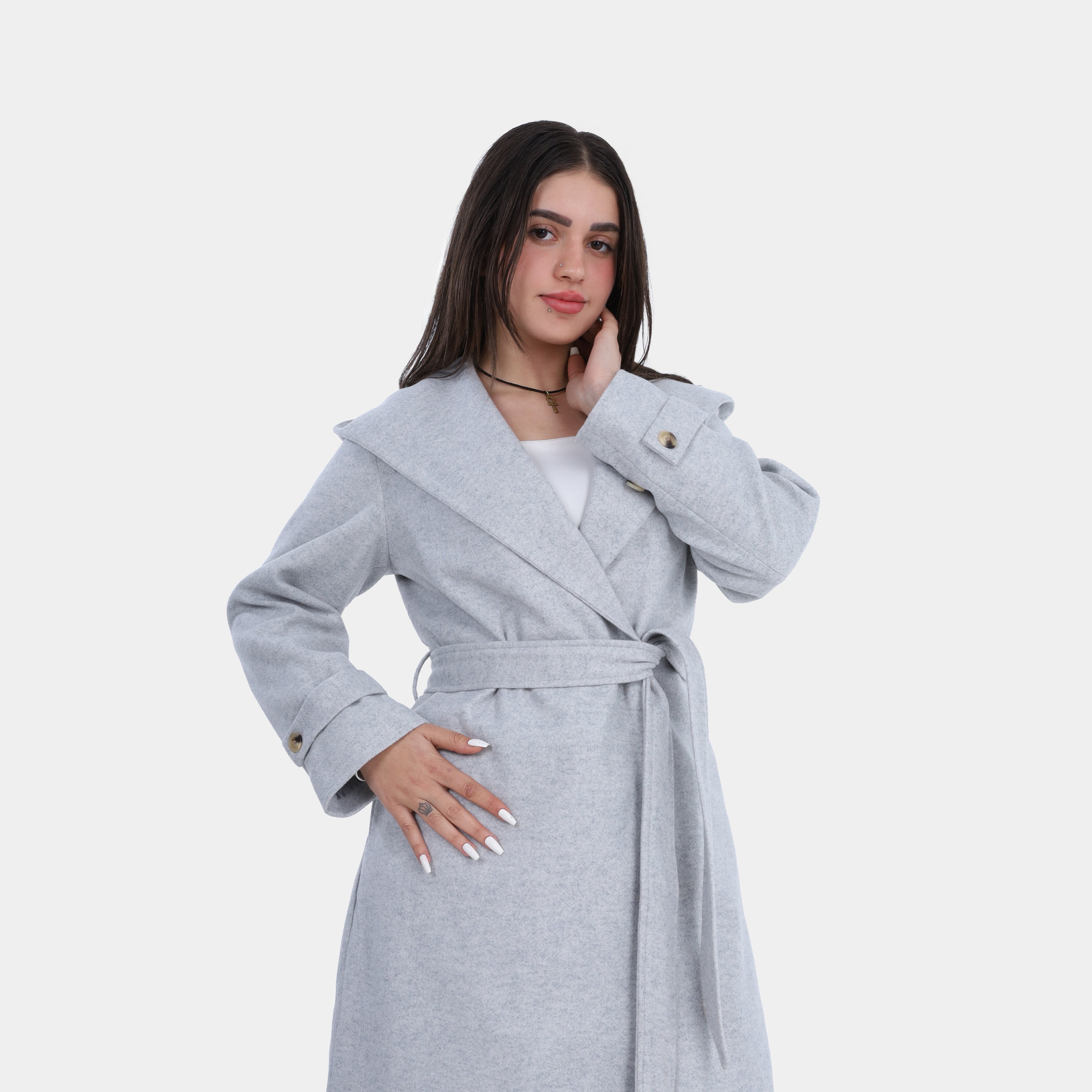 Elegant Hooded Long Coat with Waist Belt w16959137