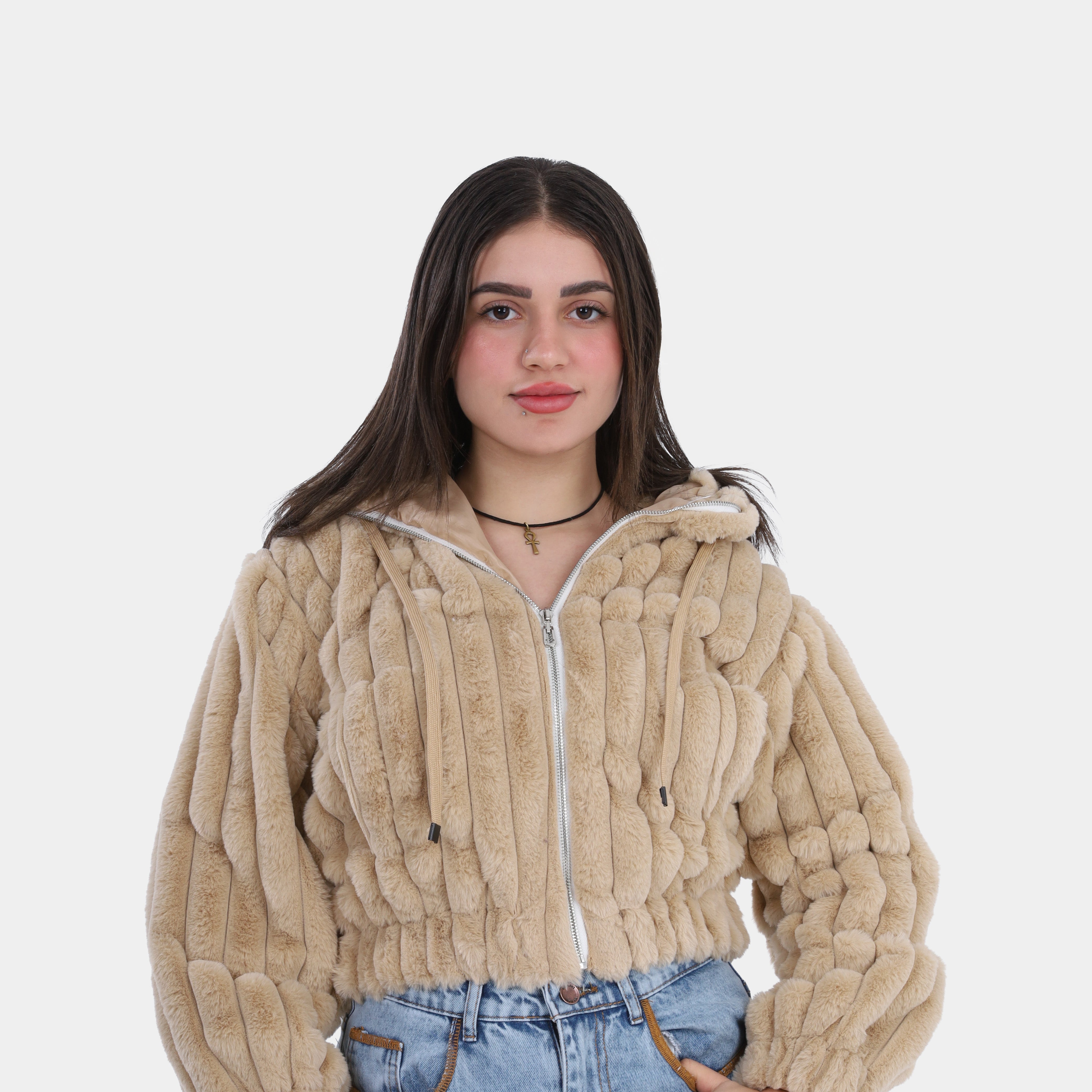 Textured Faux Fur Zip-Up Hoodie Jacket w1698201