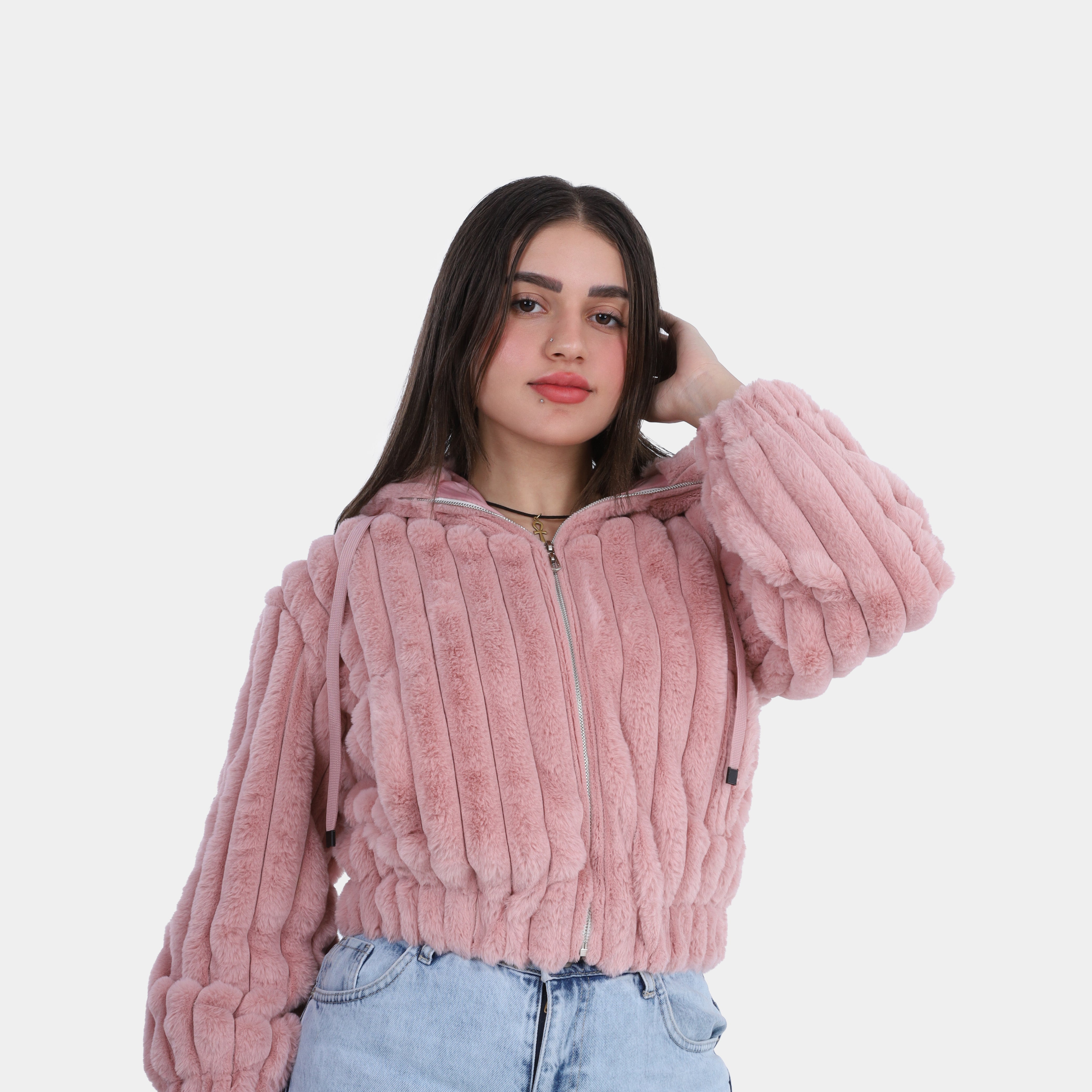 Textured Faux Fur Zip-Up Hoodie Jacket w1698201