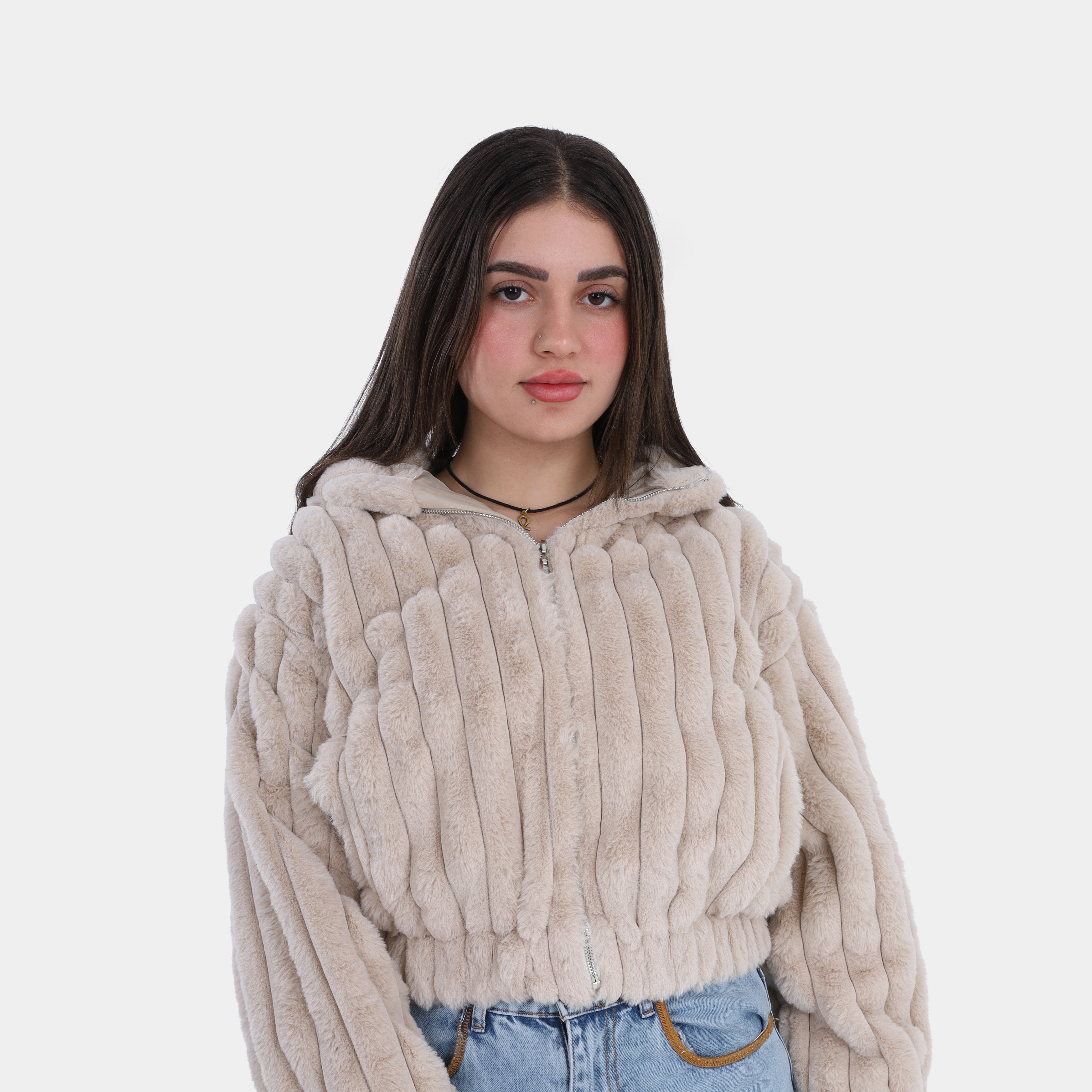Textured Faux Fur Zip-Up Hoodie Jacket w1698201