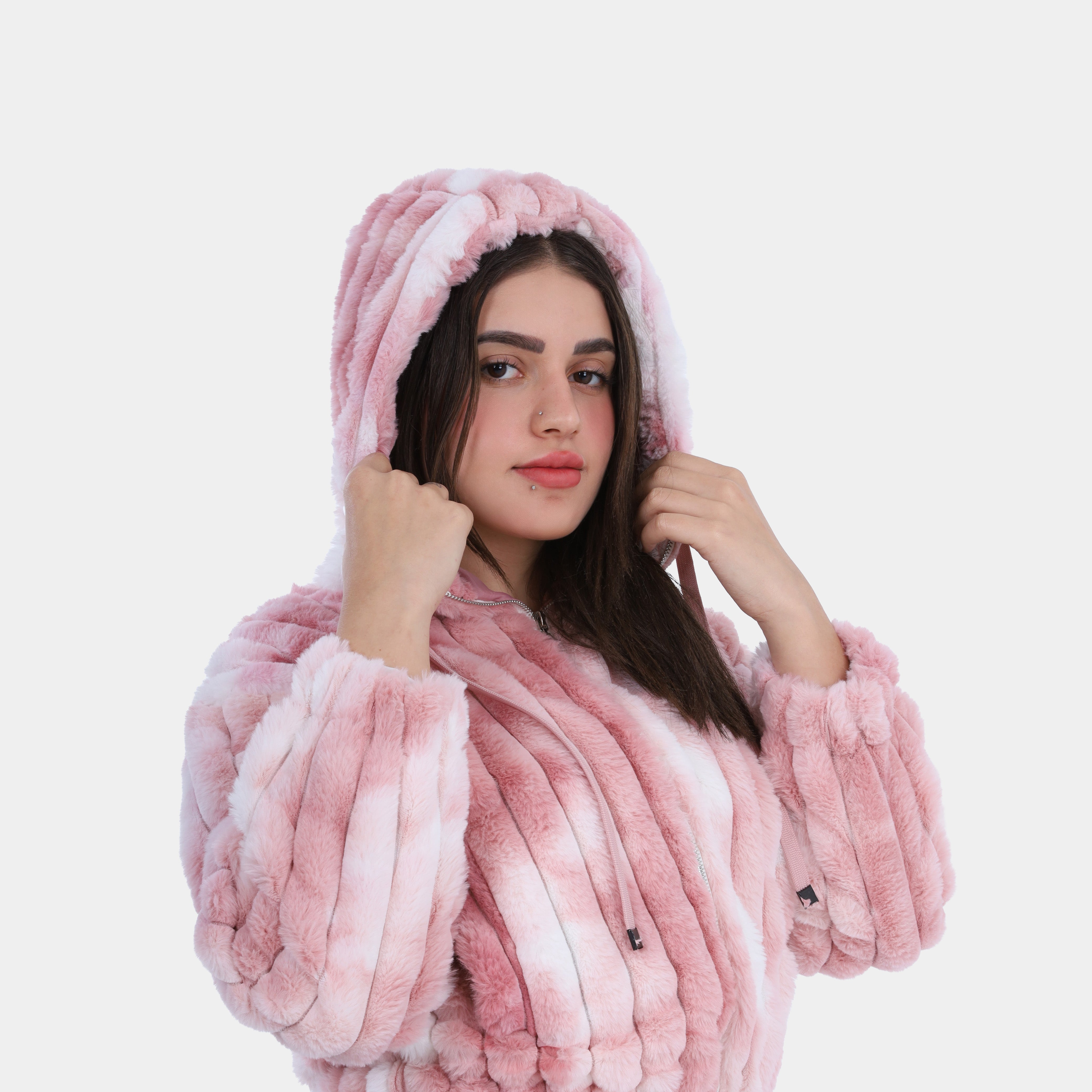 Vertical Colorful Faux Fur Hooded Jacket w1698218