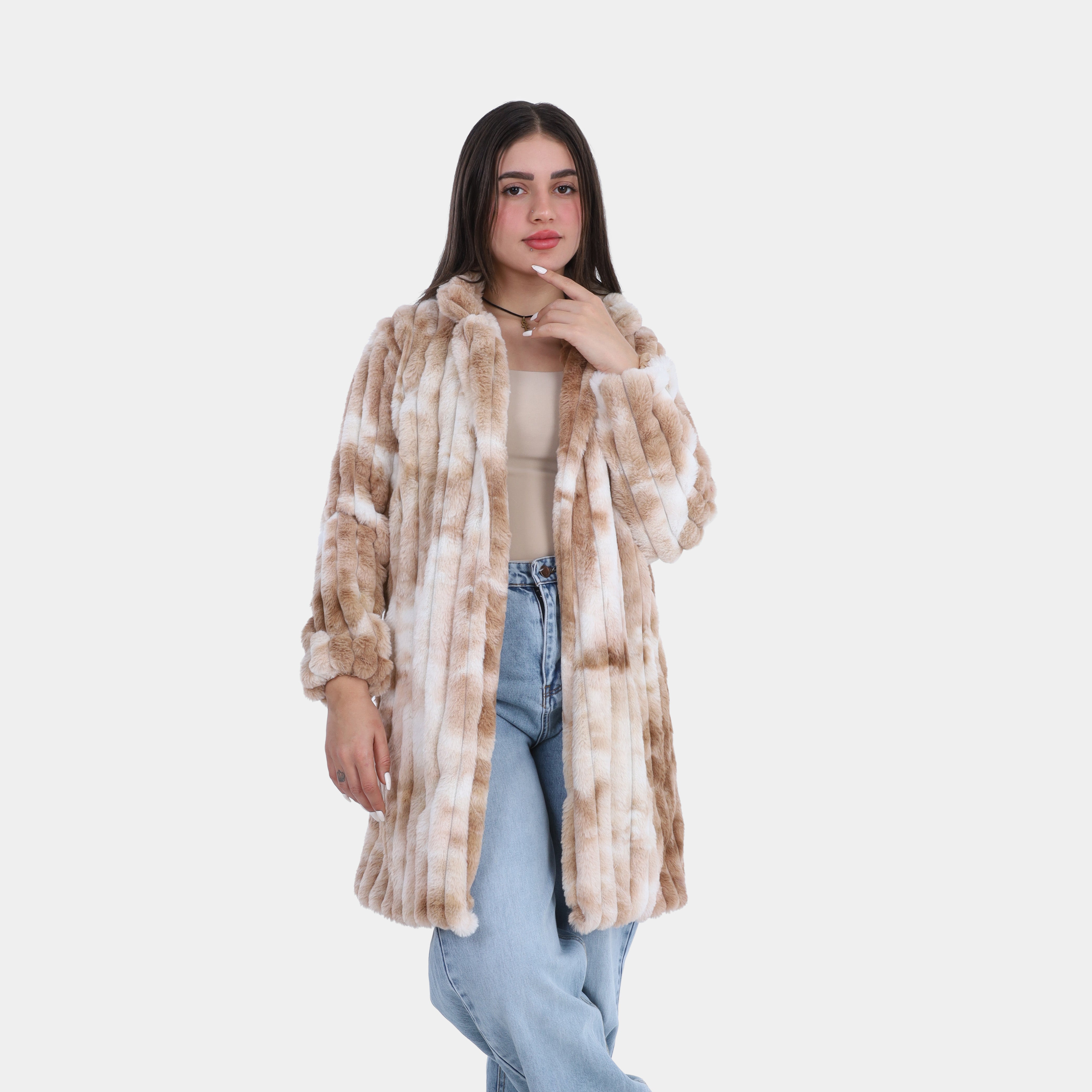 Vertical Ribbed Faux Fur Colorful Hooded Coat w1698225