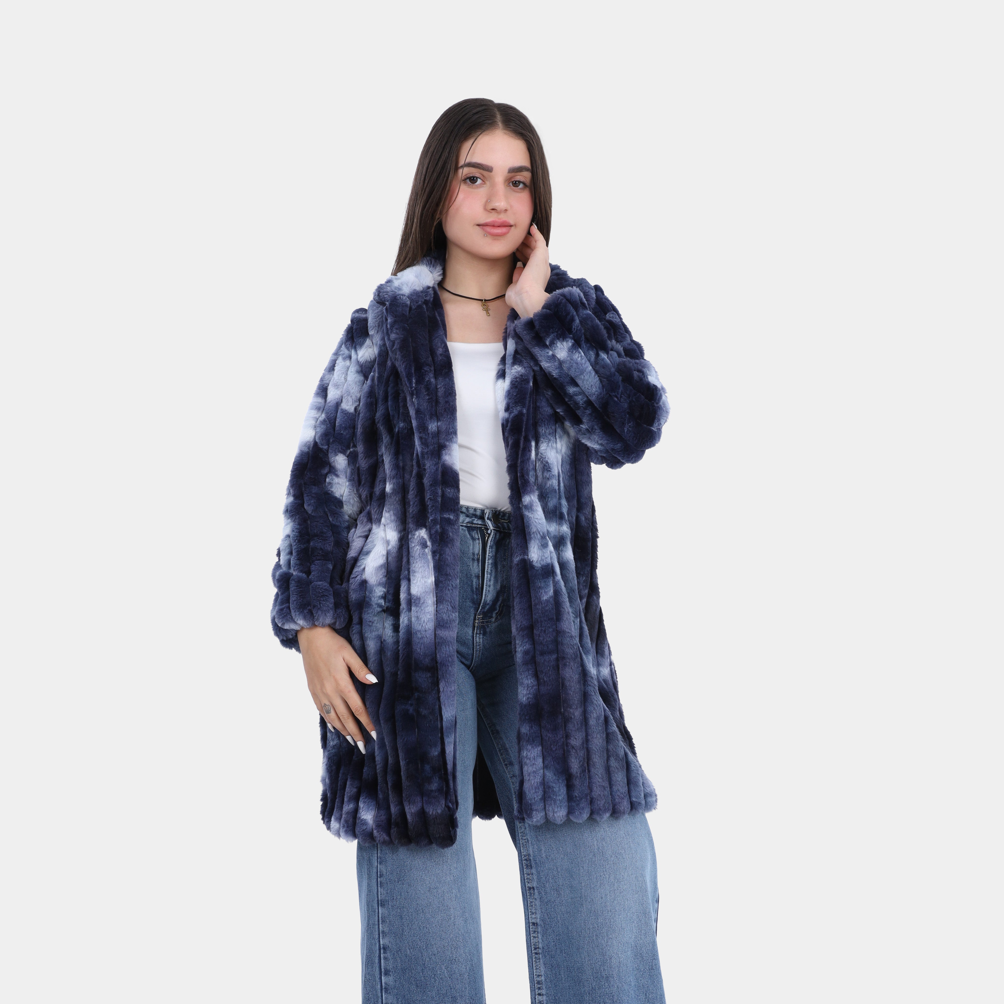 Vertical Ribbed Faux Fur Colorful Hooded Coat w1698225