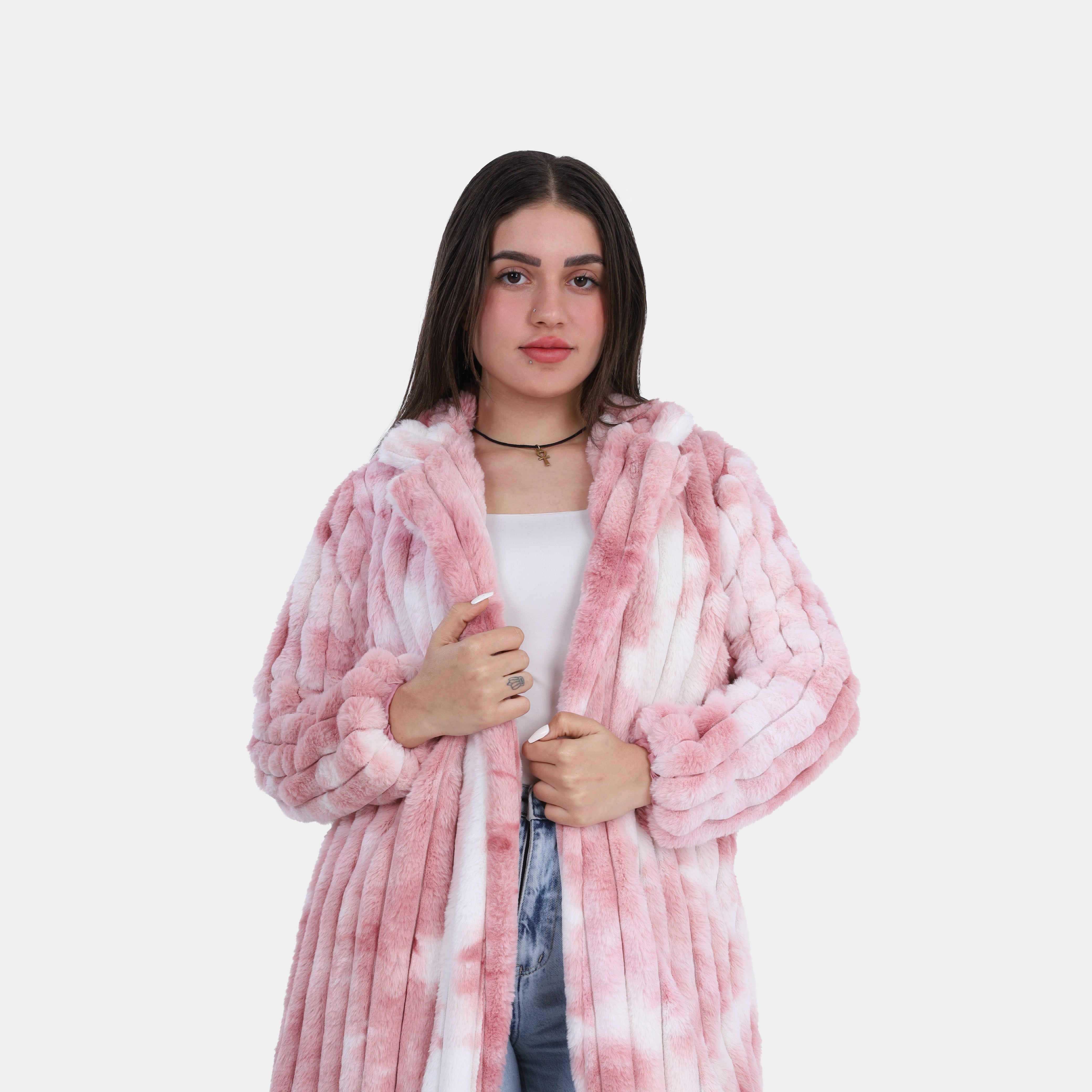 Vertical Ribbed Faux Fur Colorful Hooded Coat w1698225