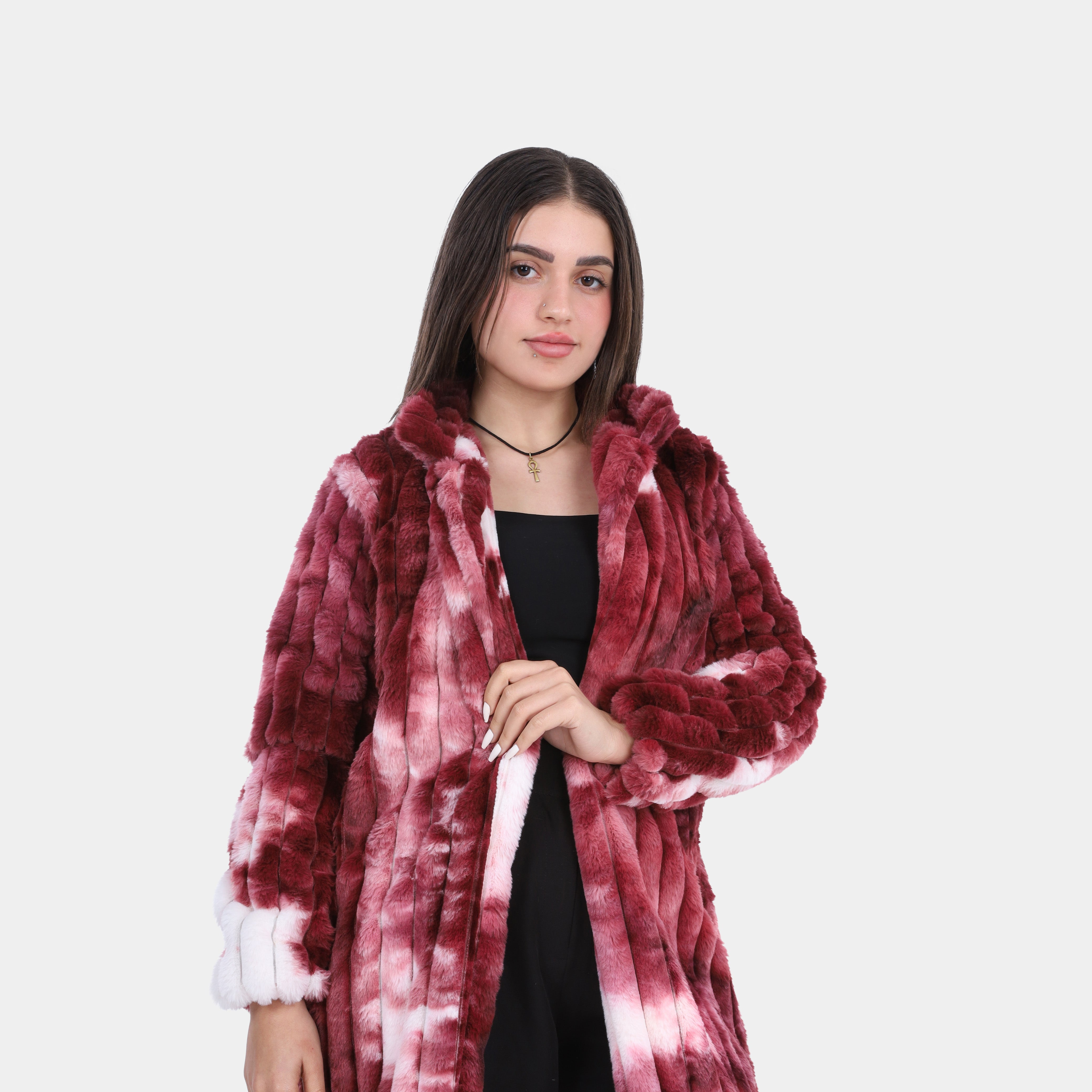 Vertical Ribbed Faux Fur Colorful Hooded Coat w1698225