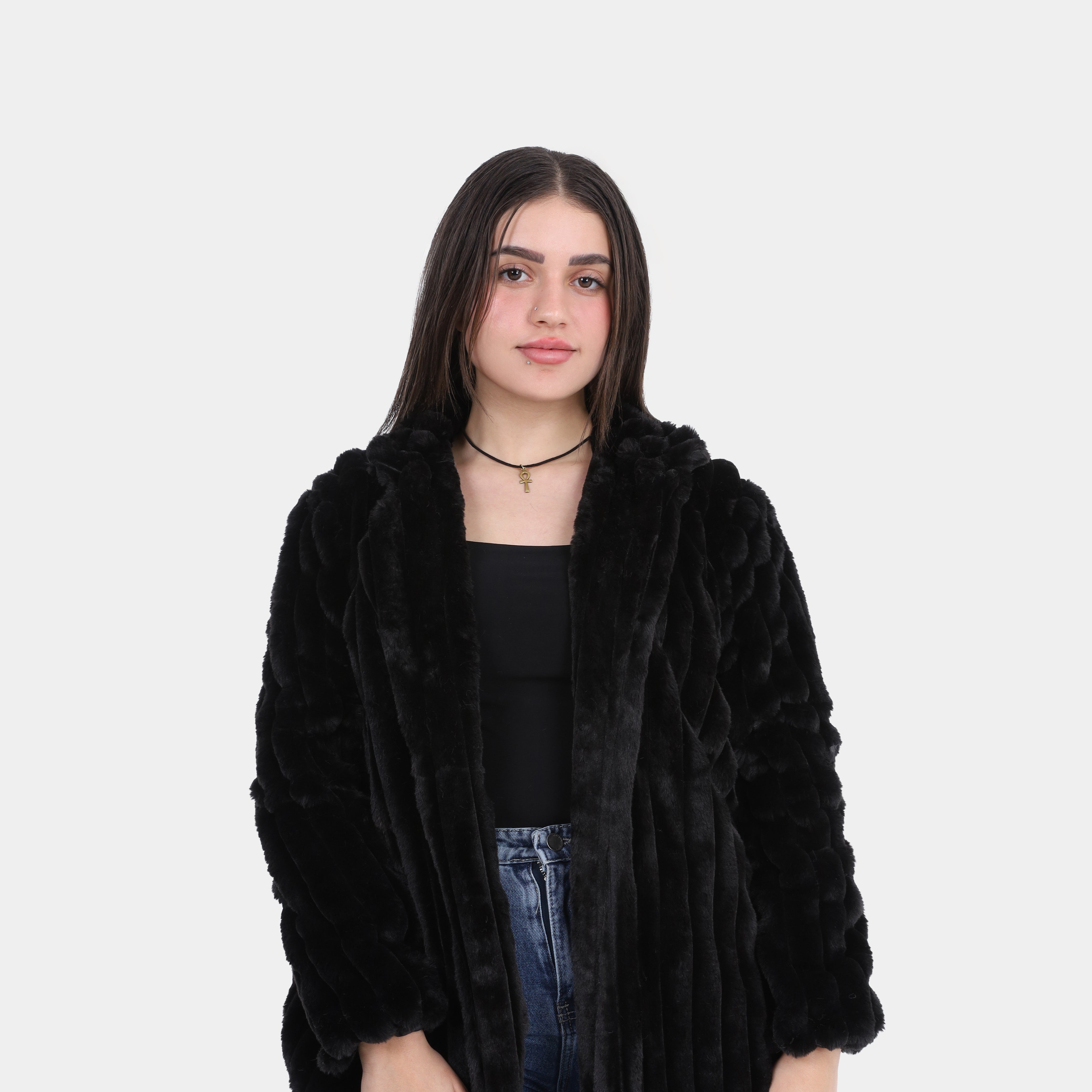 Vertical Ribbed Texture Faux Fur Jacket w1698226