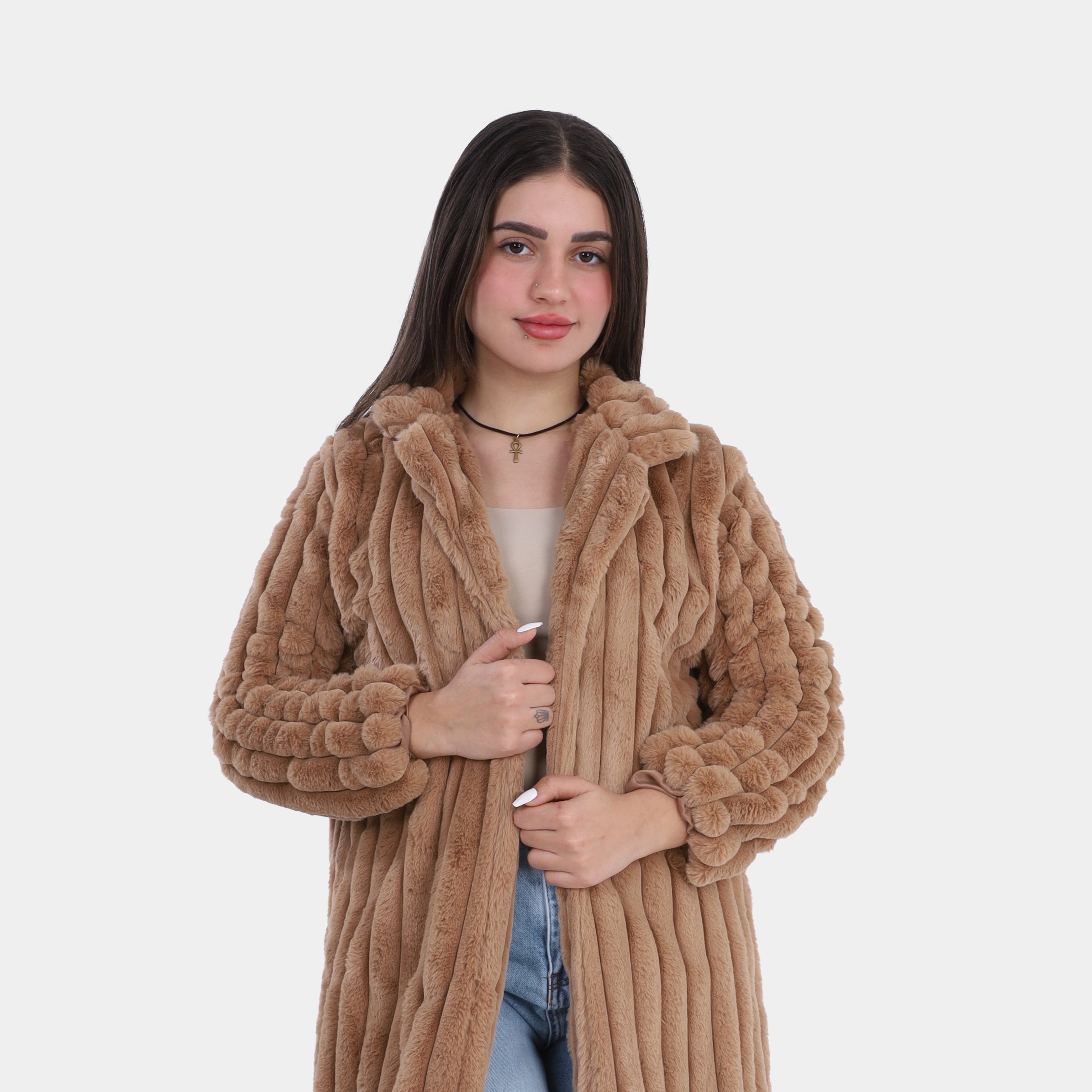 Vertical Ribbed Texture Faux Fur Jacket w1698226