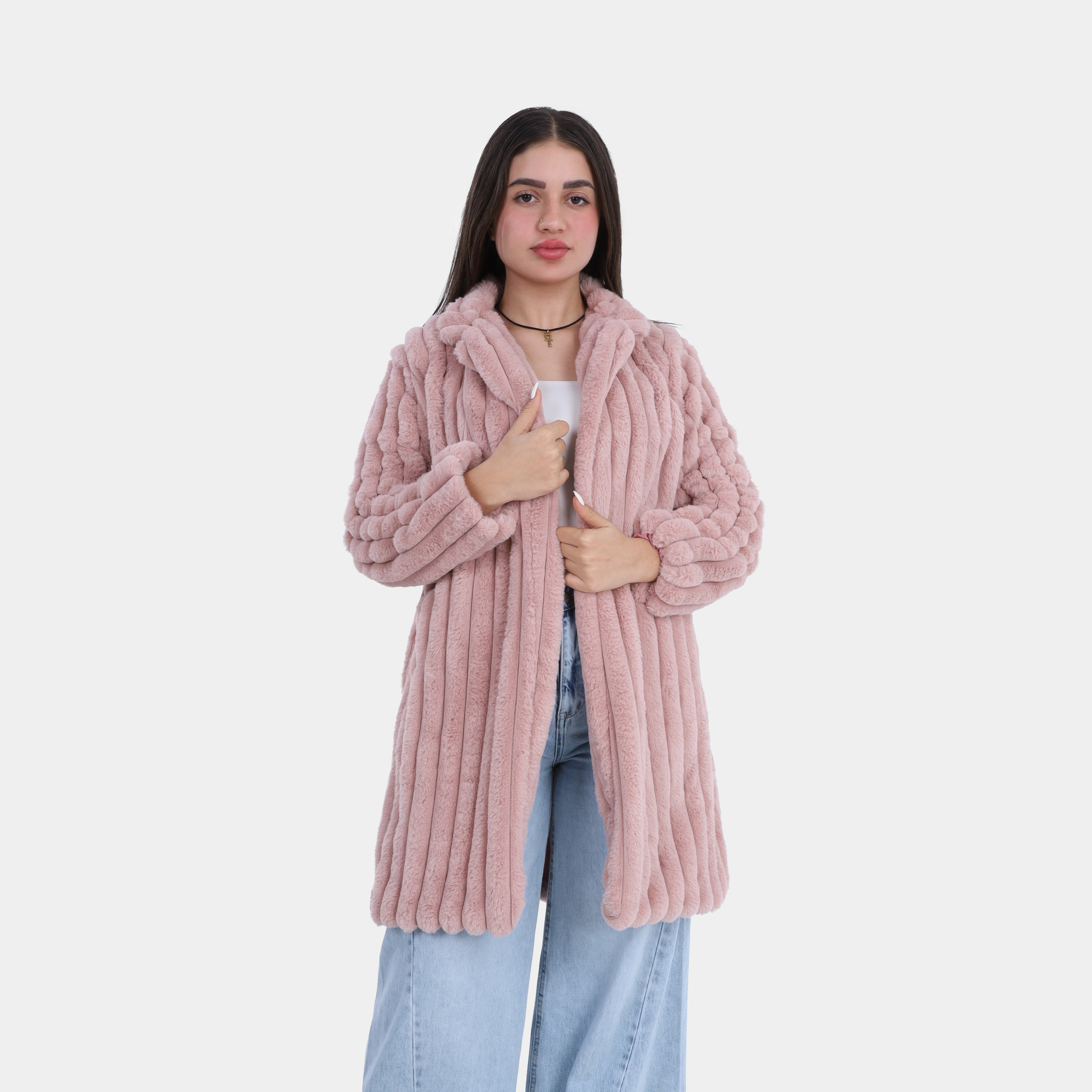 Vertical Ribbed Texture Faux Fur Jacket w1698226