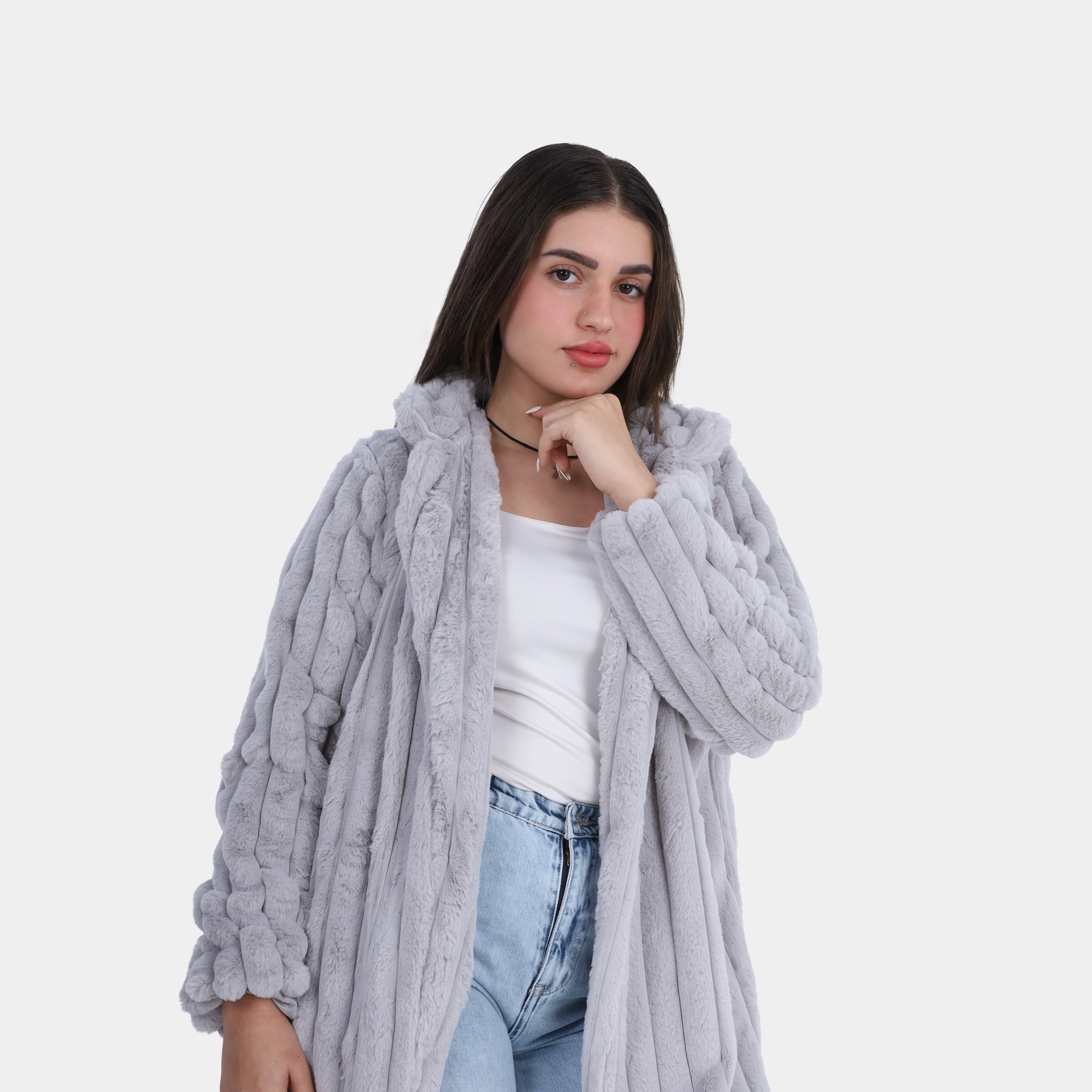 Vertical Ribbed Texture Faux Fur Jacket w1698226
