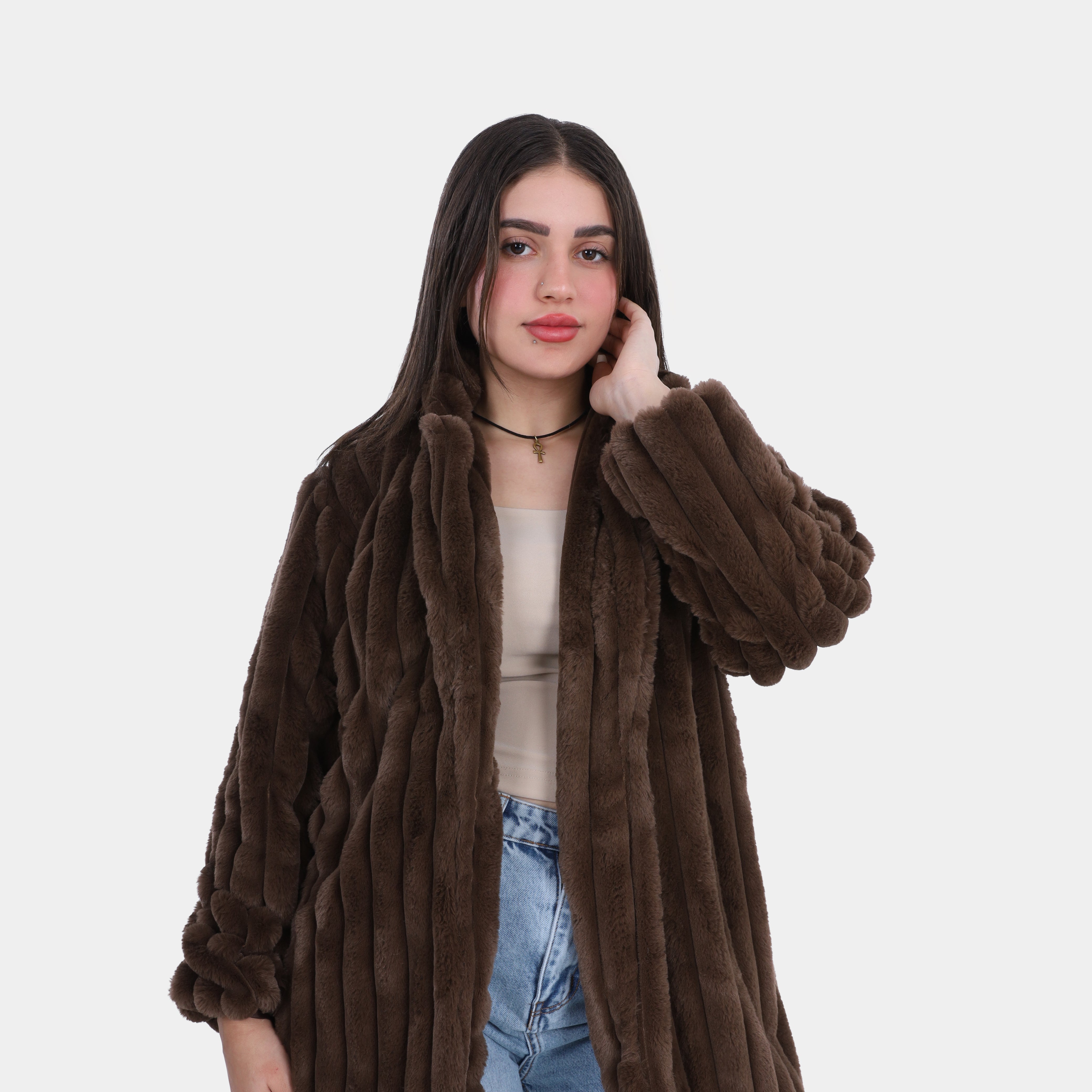 Vertical Ribbed Texture Faux Fur Jacket w1698226