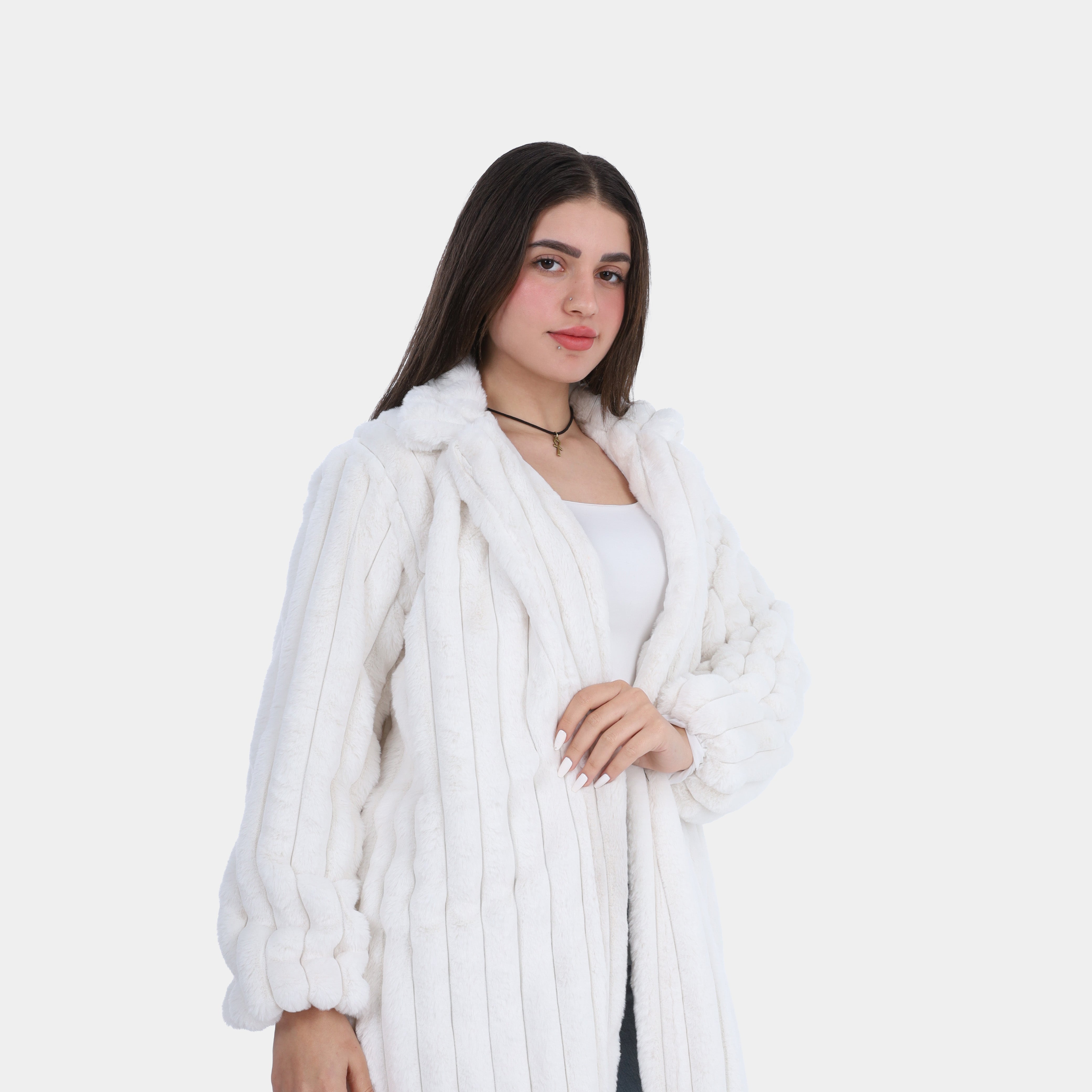 Vertical Ribbed Texture Faux Fur Jacket w1698226