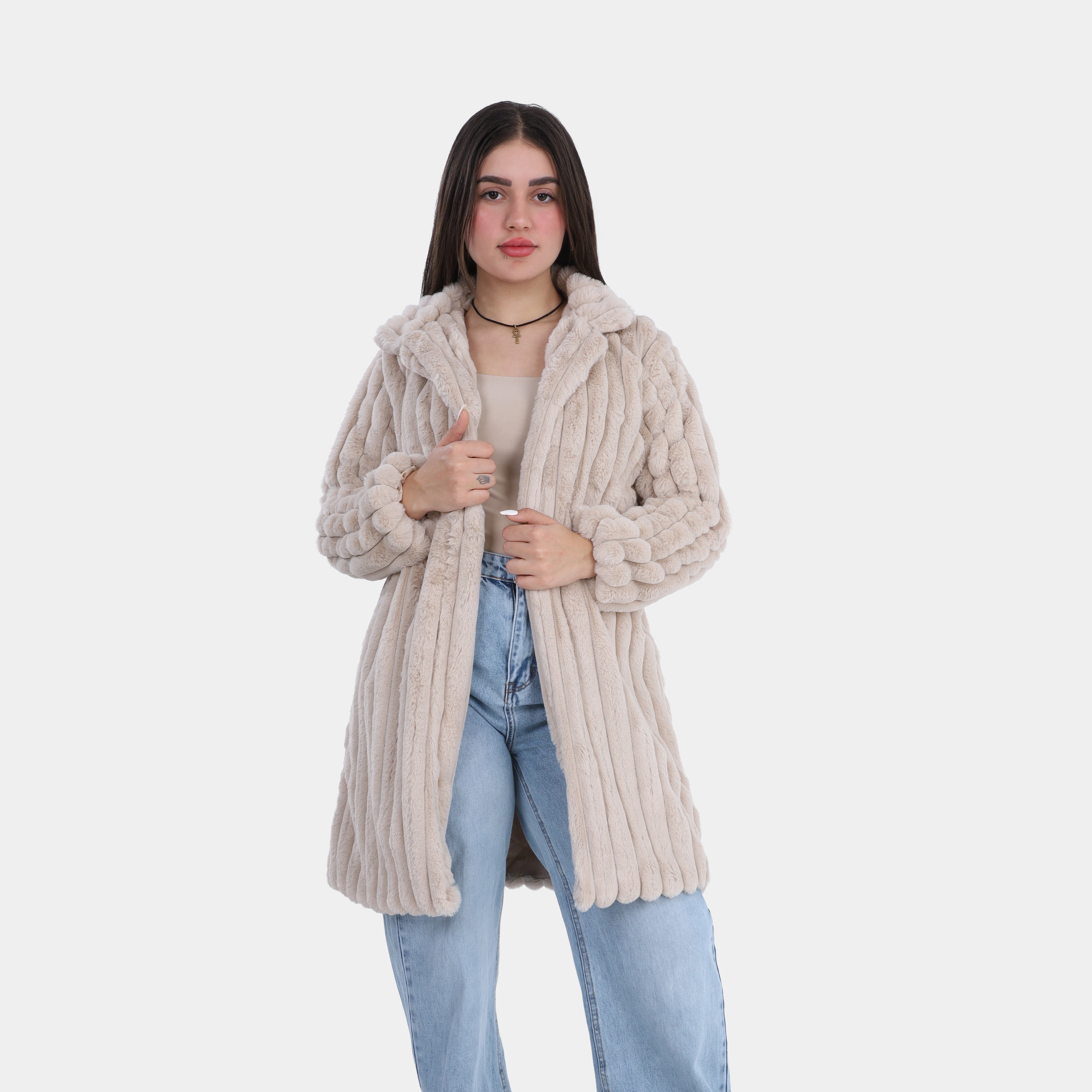 Vertical Ribbed Texture Faux Fur Jacket w1698226
