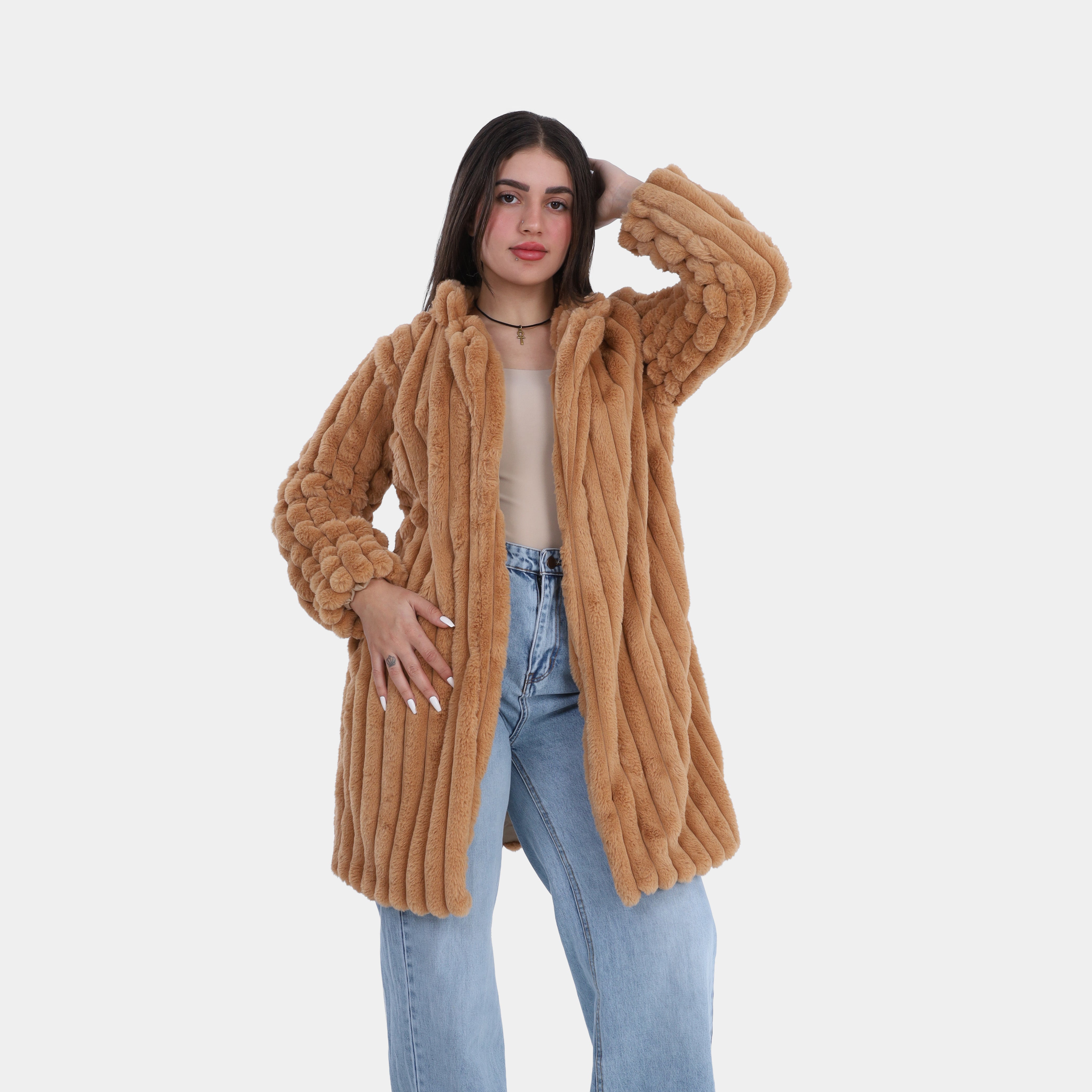 Vertical Ribbed Texture Faux Fur Jacket w1698226