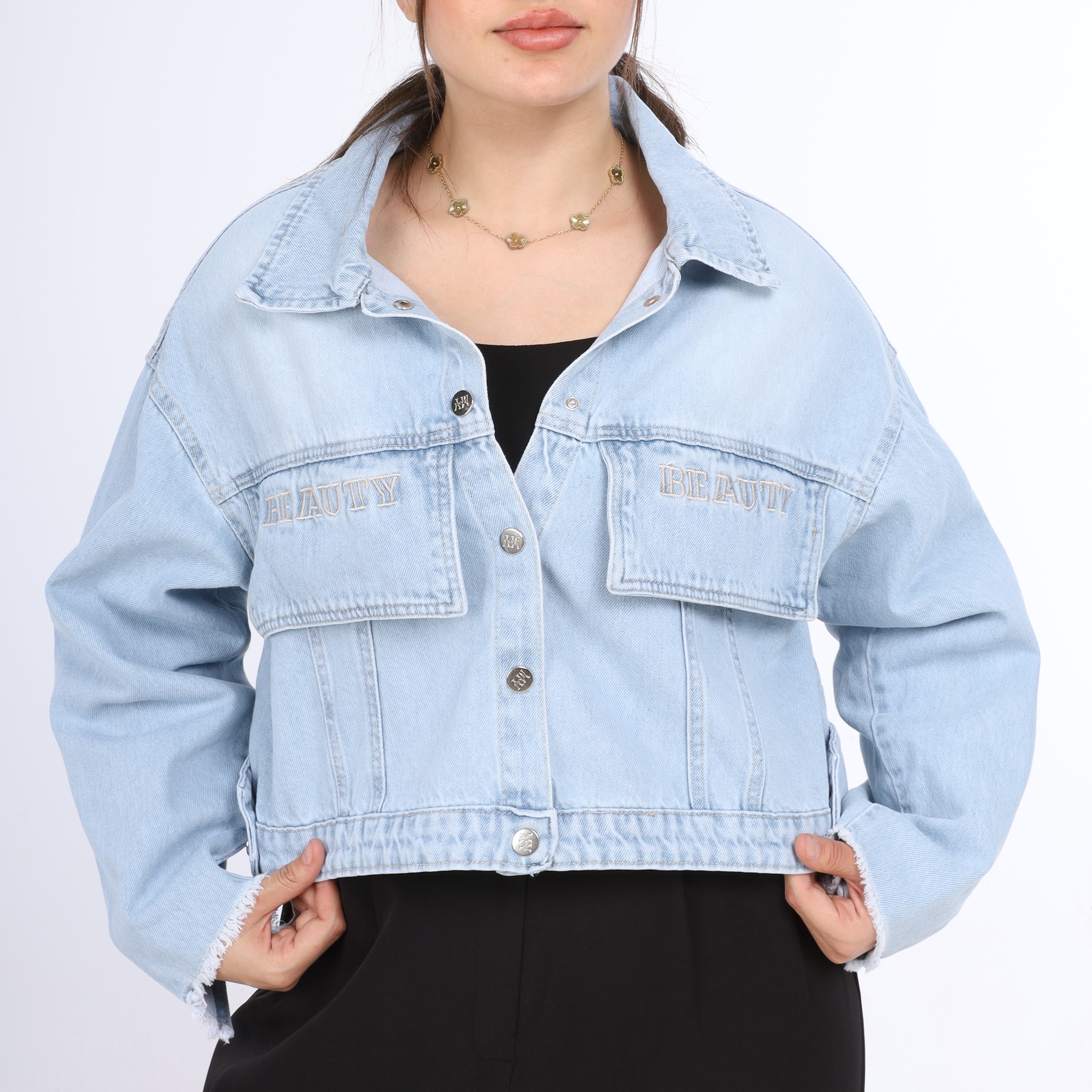 Oversized Cropped Denim Jacket w17011504
