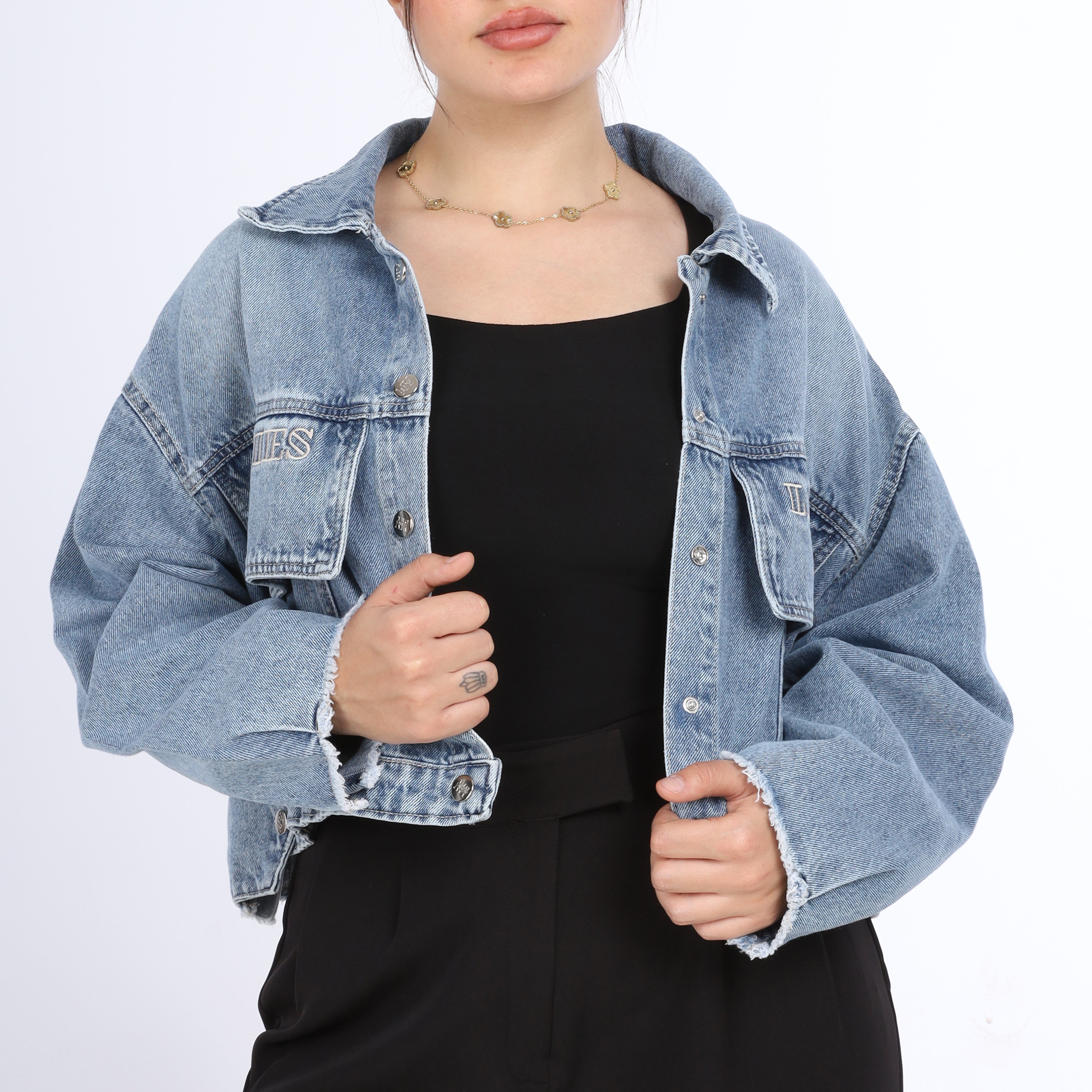 Oversized Cropped Denim Jacket w17011504
