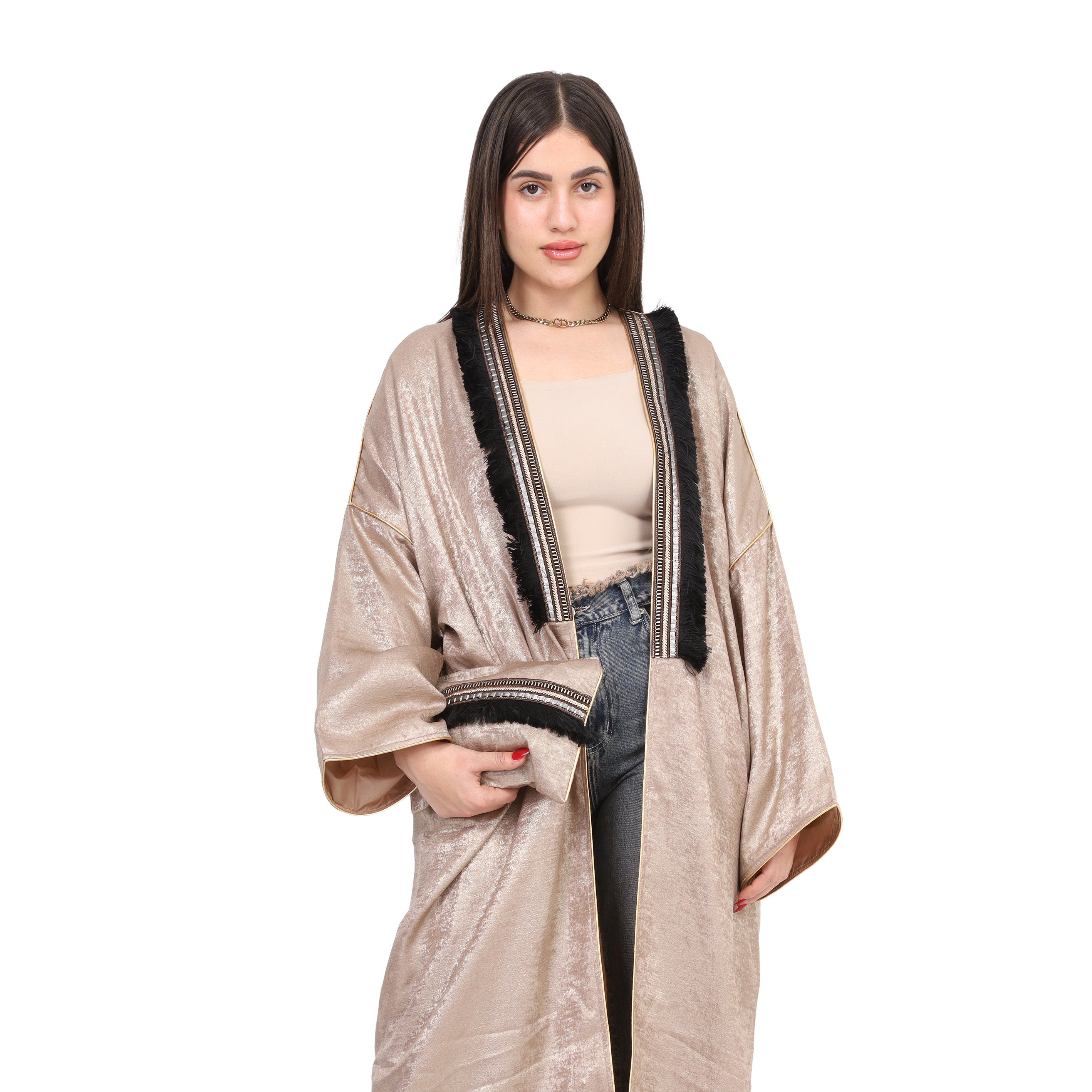 Open Kimono with Fringe Trim w17206009